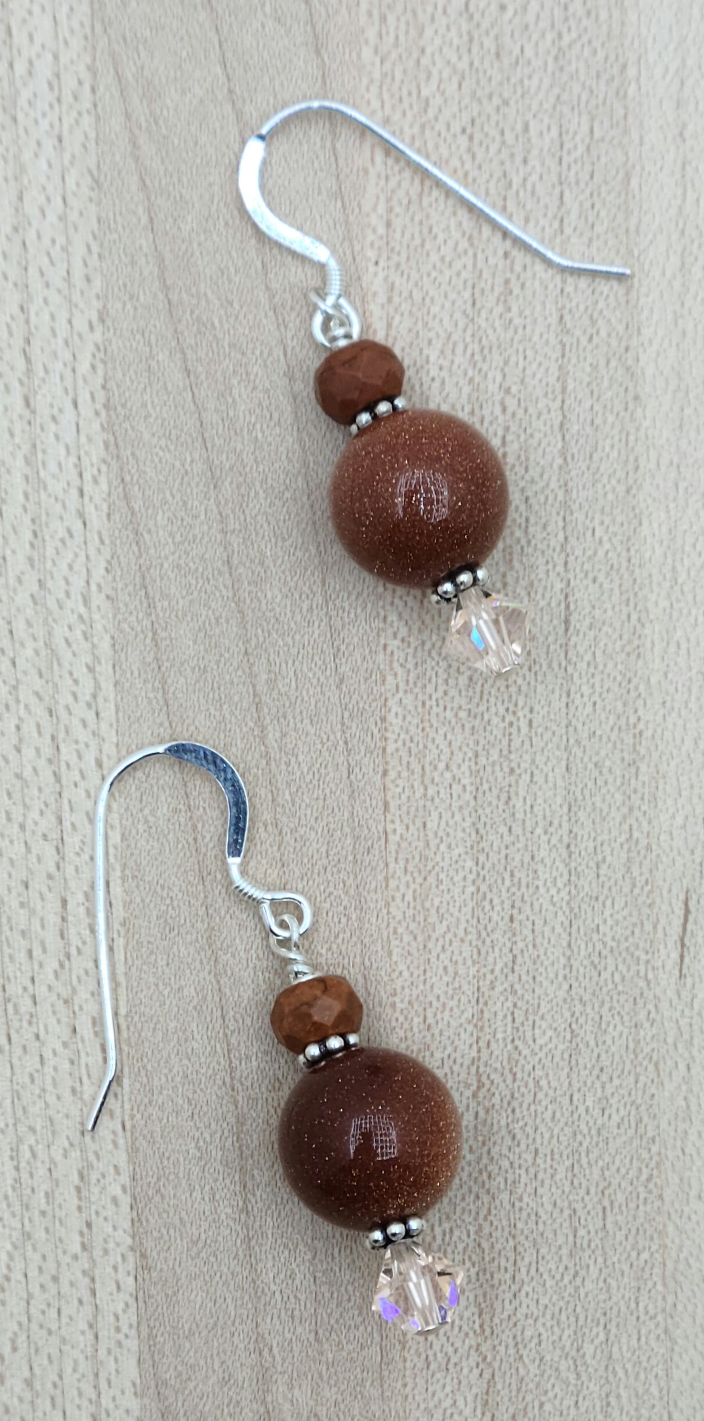 sparkling goldstone and peach crystal earrings with sterling silver fish hooks