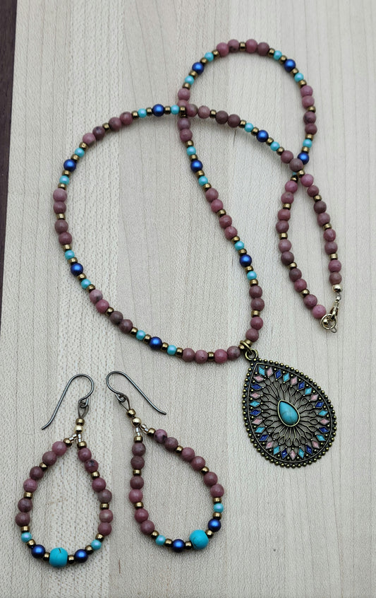 Brighten your day with this playful Pink/Blue/Turquoise Teardrop Necklace & Earrings set.