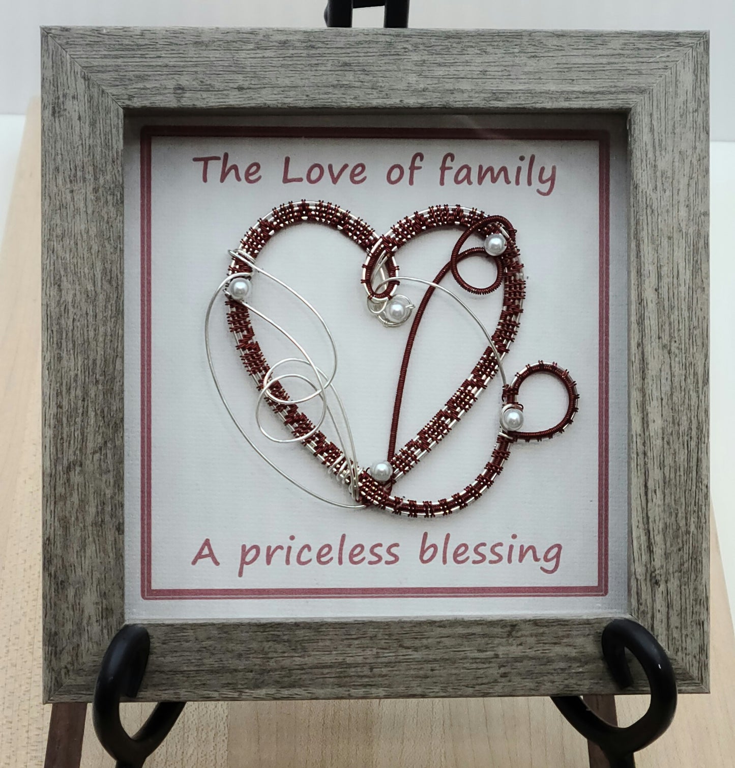Woven wire Burgundy Heart Shadow Box with grey wood laminate frame