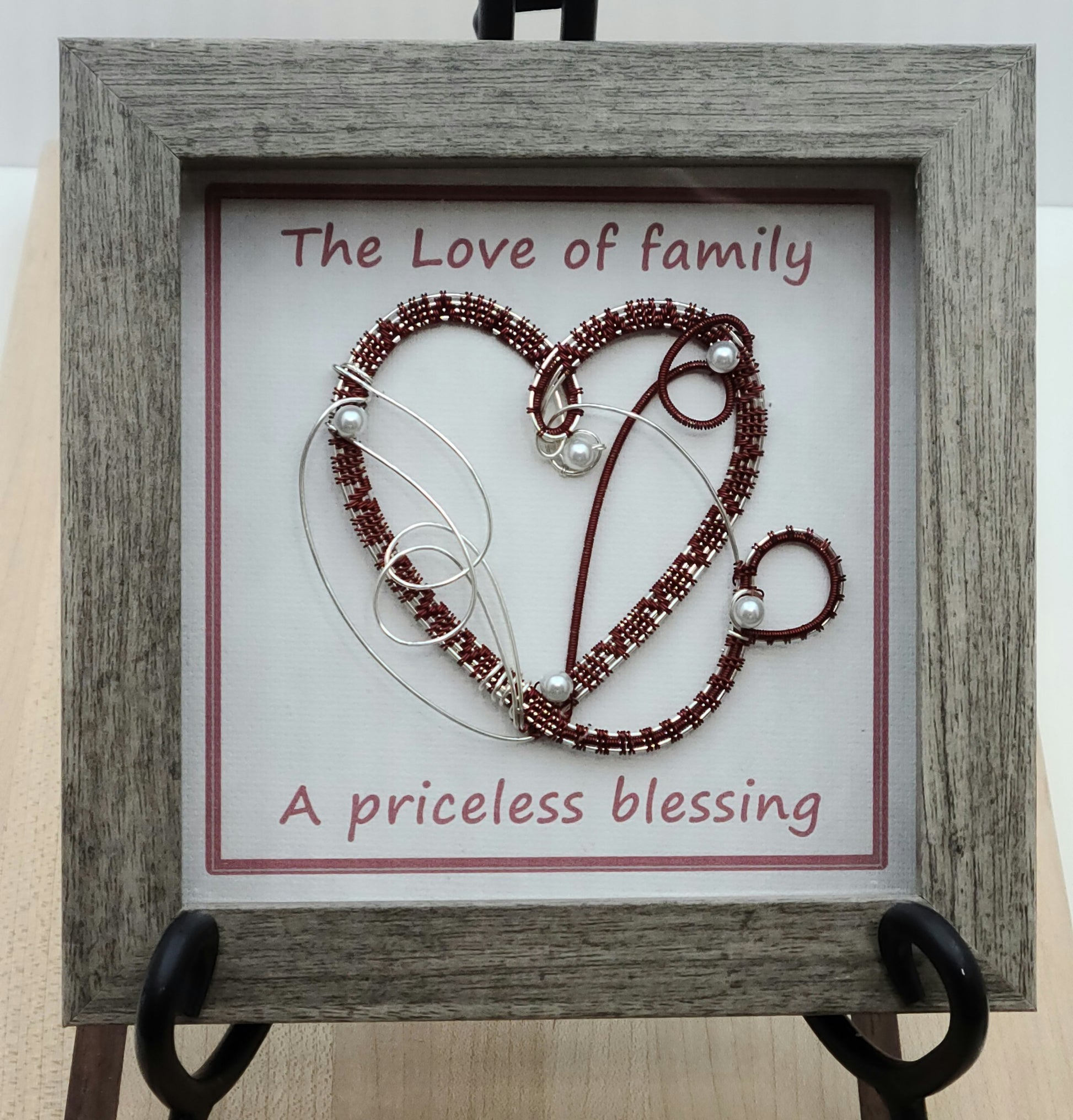 Woven wire Burgundy Heart Shadow Box with grey wood laminate frame