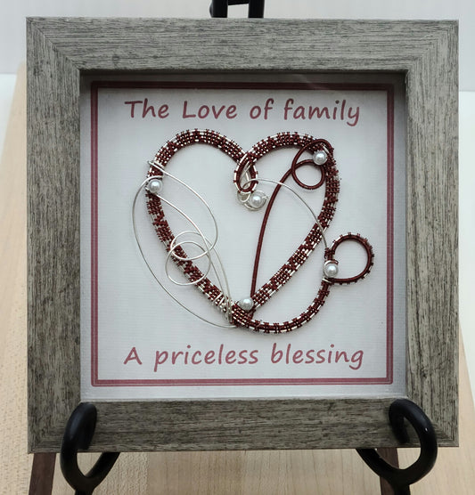 Woven wire Burgundy Heart Shadow Box with grey wood laminate frame