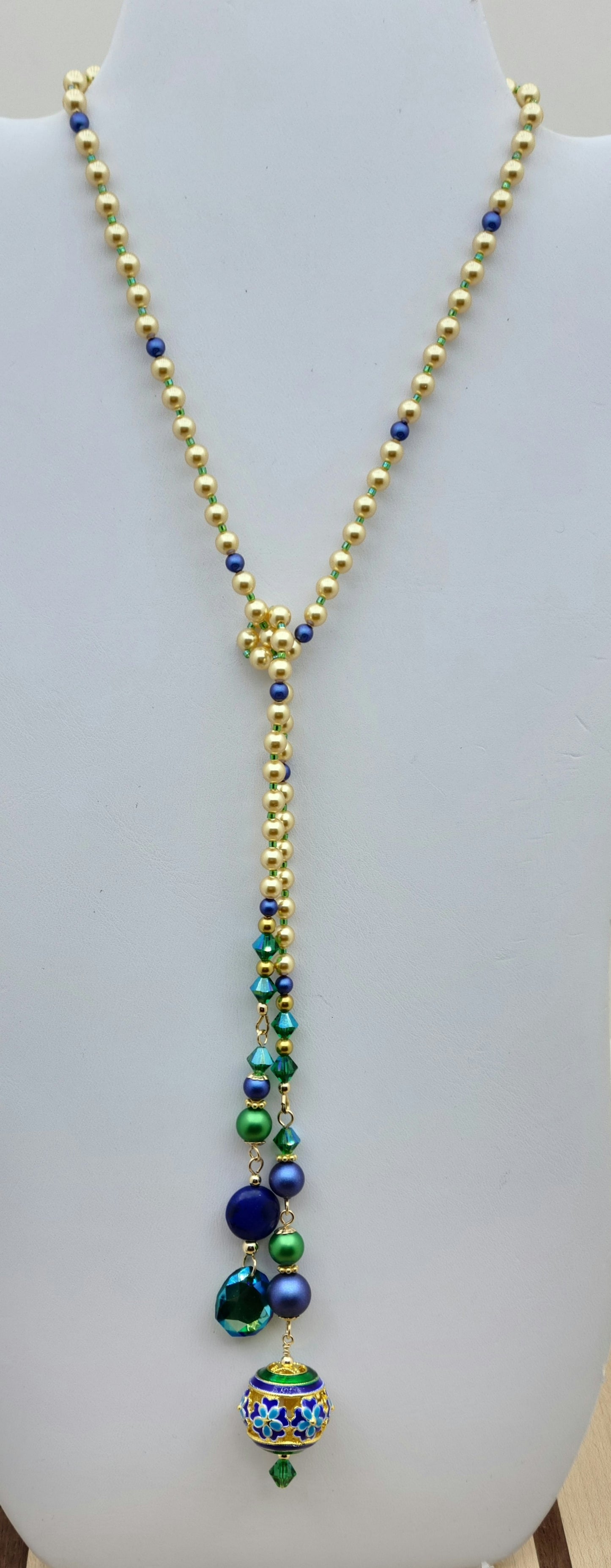 Blue, green, & gold cloisonne lariat necklace