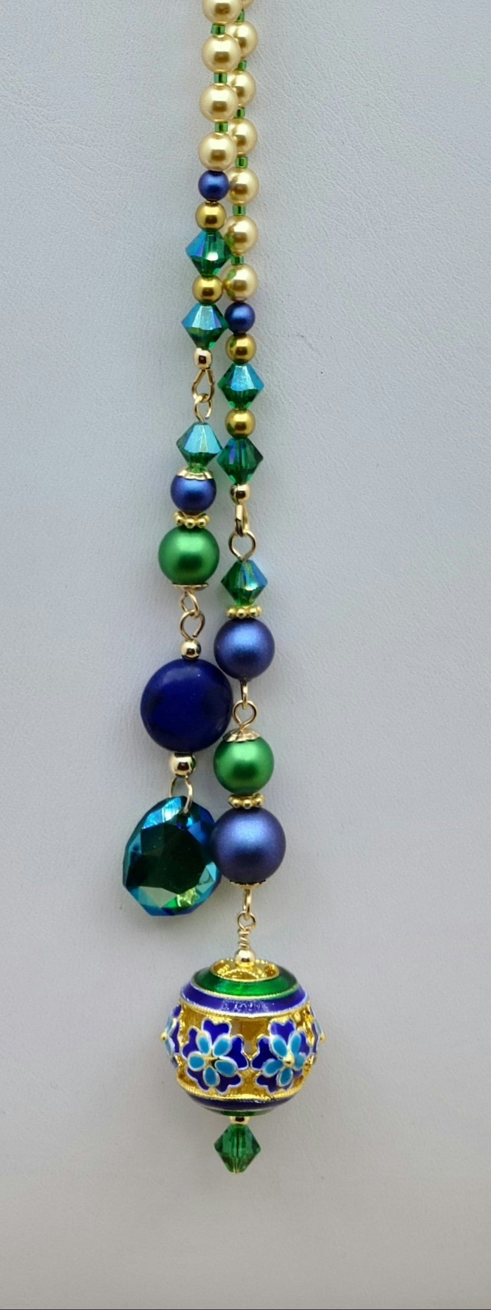 Blue, green, & gold cloisonne lariat necklace