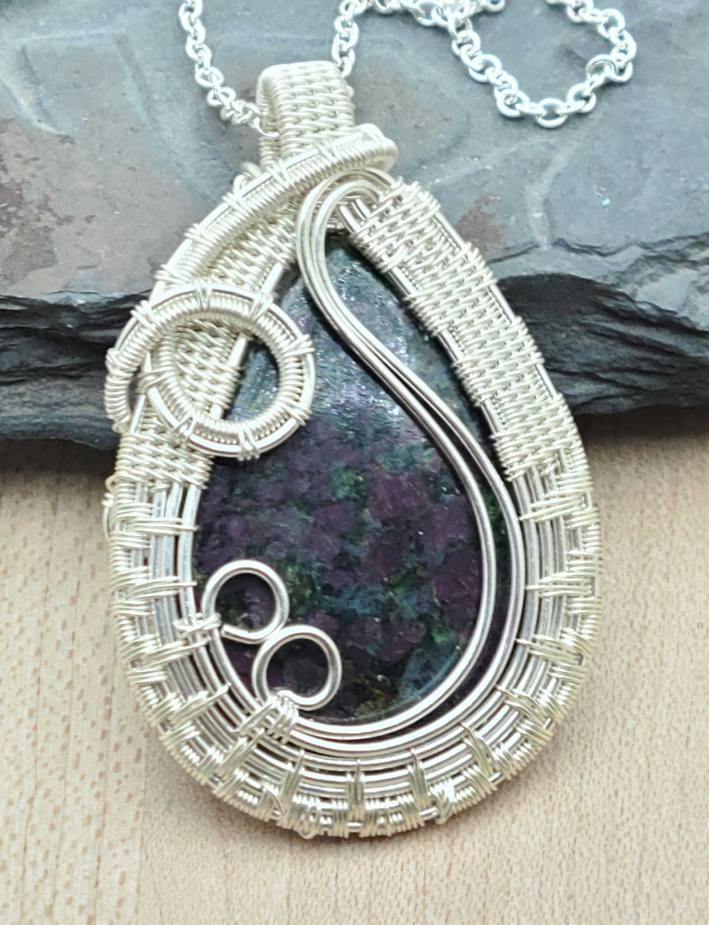 Woven Wire Ruby Fuchsite Teardrop Pendant