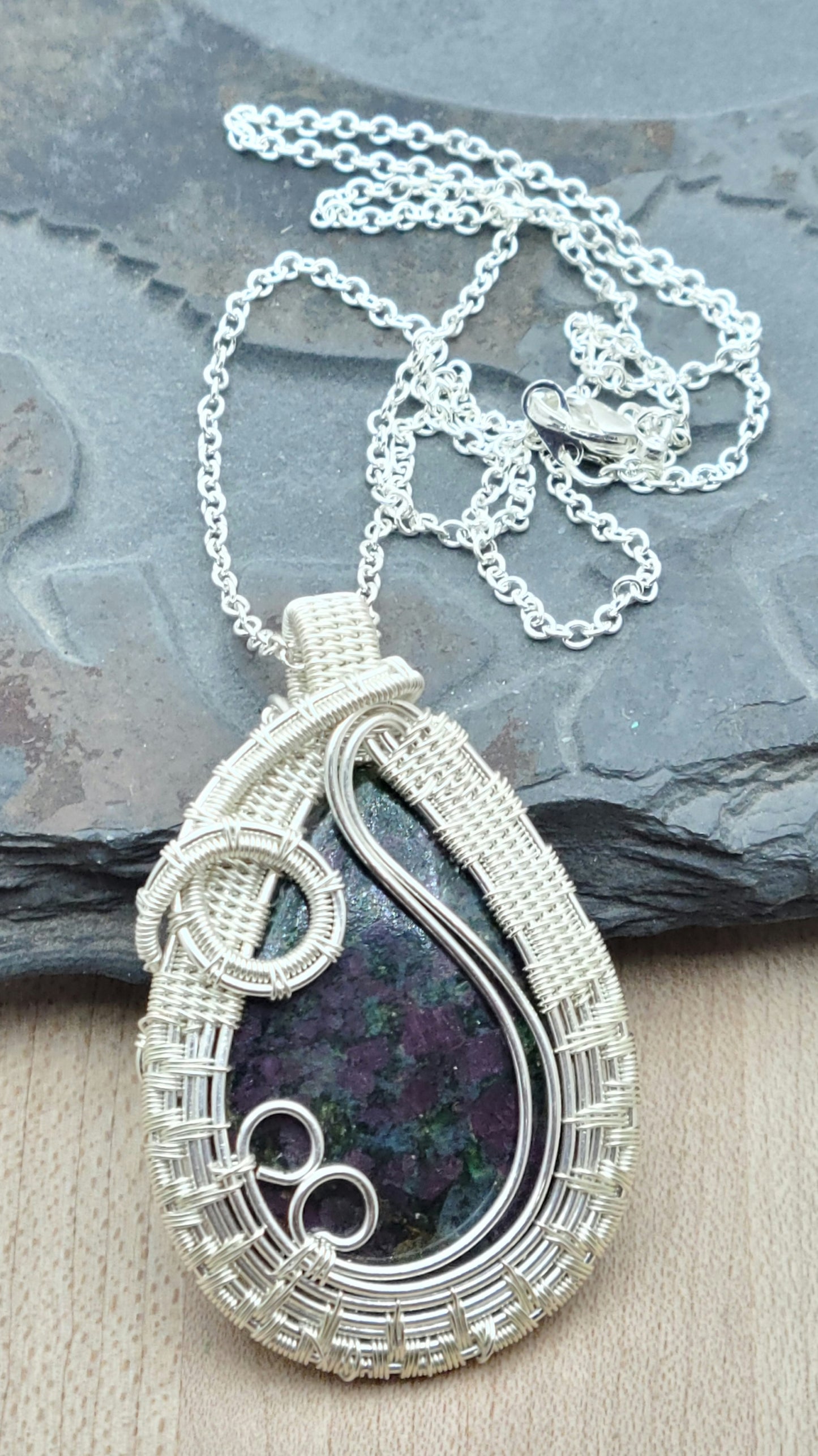 Woven Wire Ruby Fuchsite Teardrop Pendant