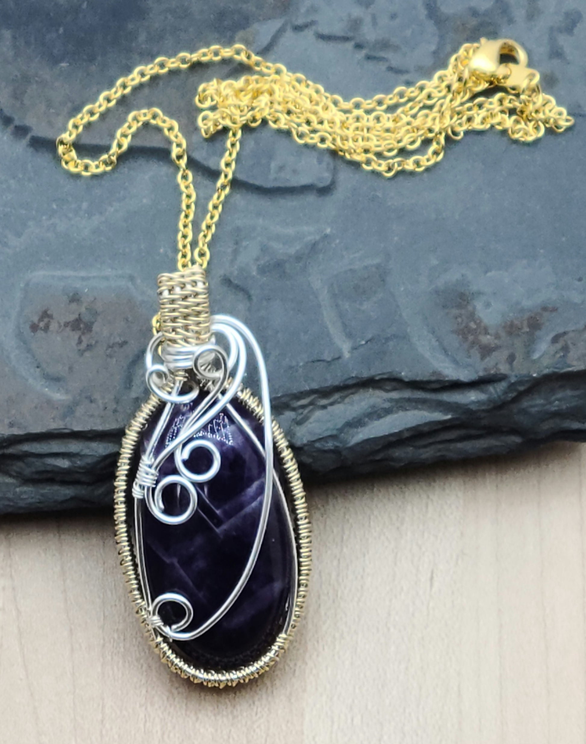 Silver Fill & Gold Fill Woven Wire Chevron Amethyst pendant