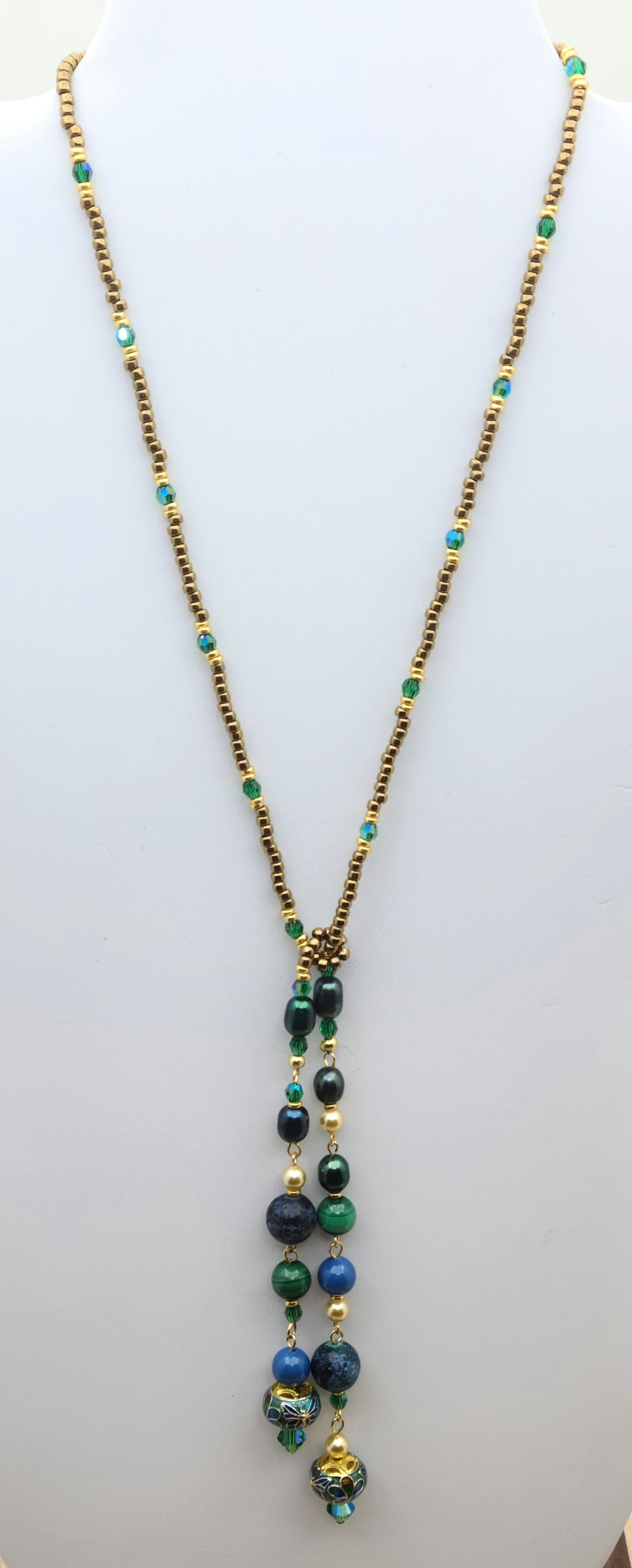Butterfly Cloisonne Lariat Necklace - blue, green, gold