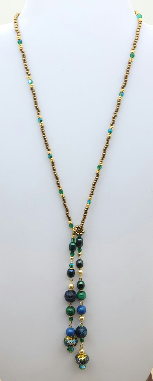 Butterfly Cloisonne Lariat Necklace - blue, green, gold