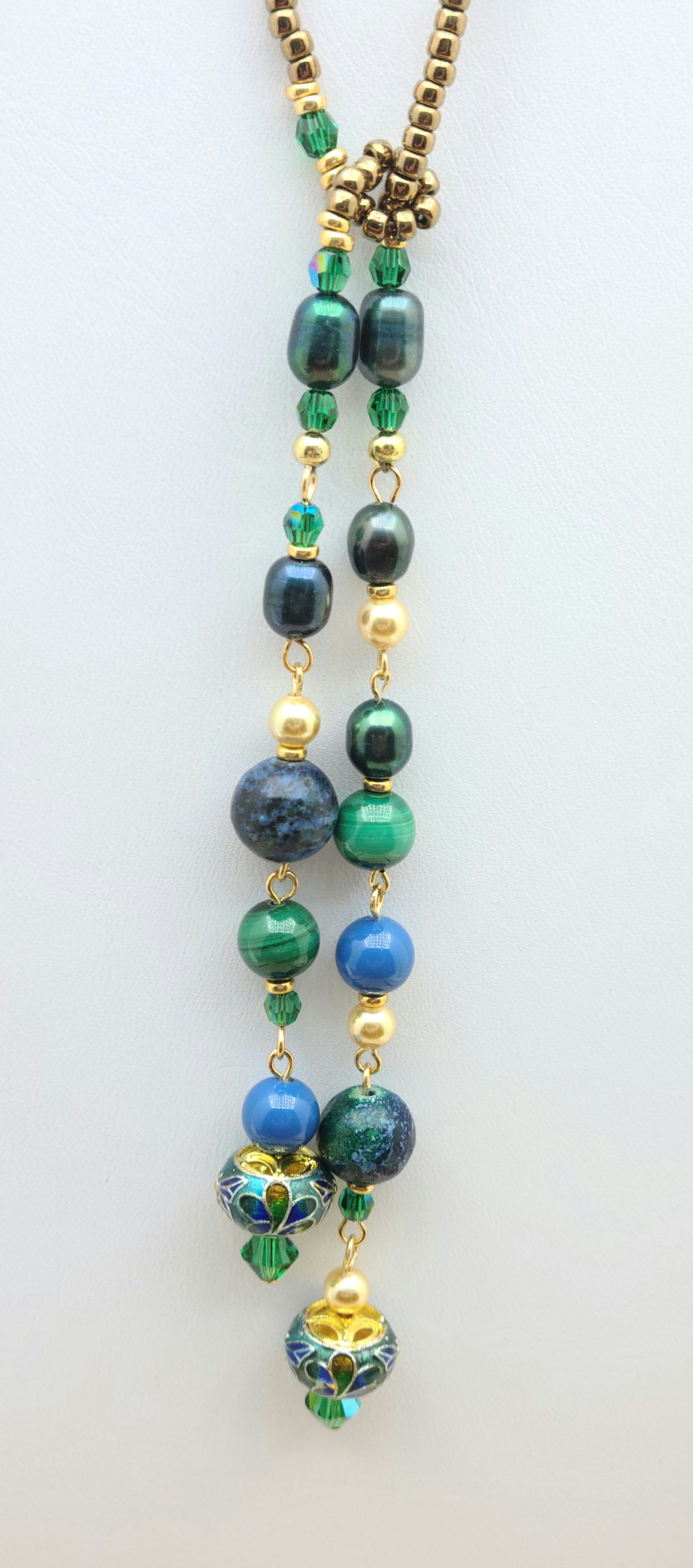 Butterfly Cloisonne Lariat Necklace - blue, green, gold
