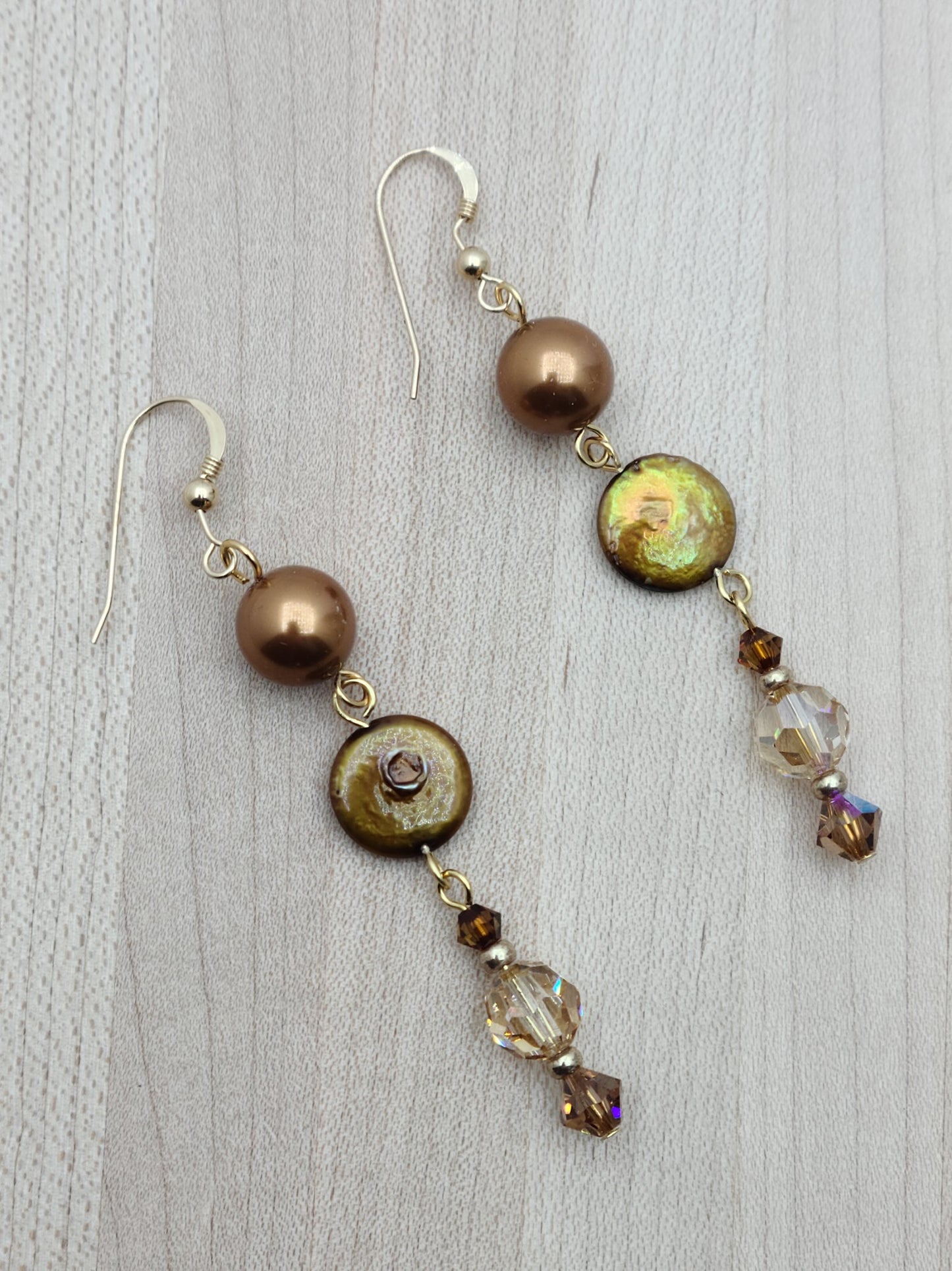 golden freshwater coin pearl earrings on gold fill ear wires