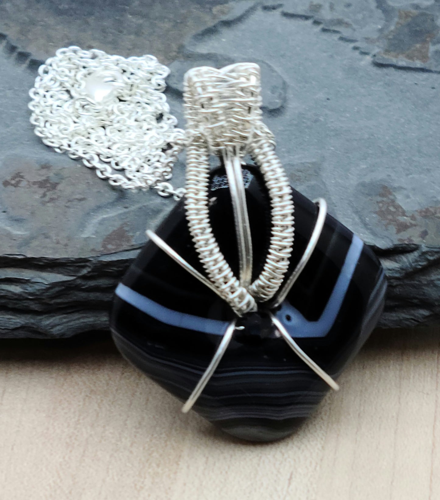 Woven Wire Black & White Agate Square Donut Pendant