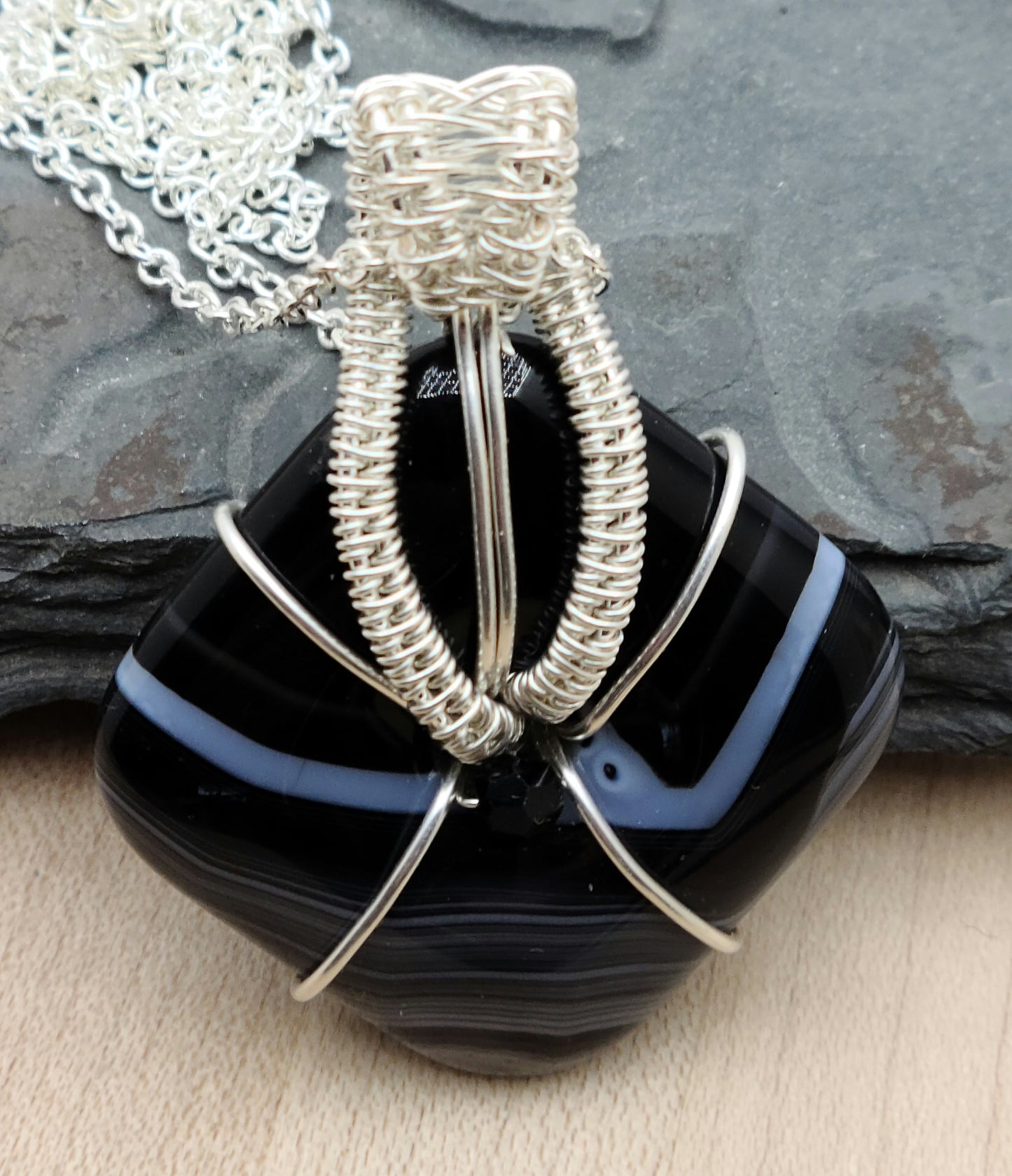 Woven Wire Black & White Agate Square Donut Pendant