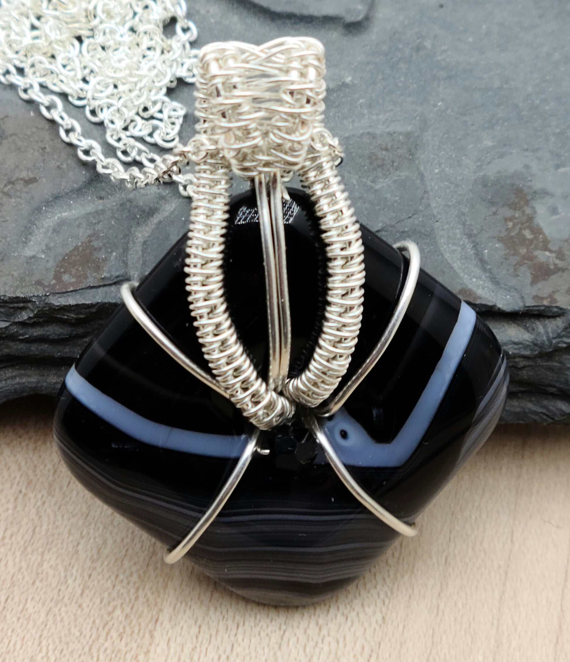 Woven Wire Black & White Agate Square Donut Pendant