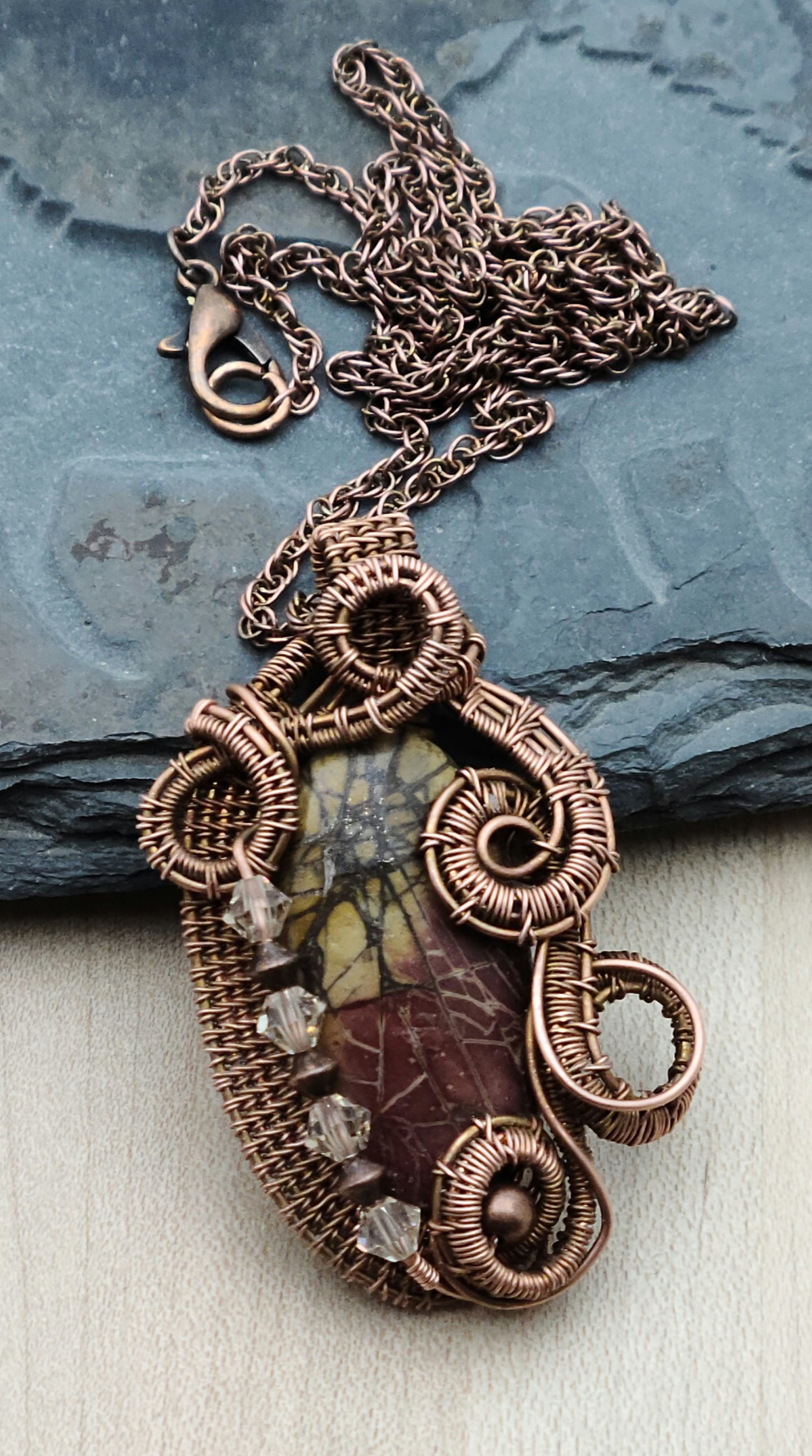 Woven Wire Red Creek Jasper Steampunk Pendant with crystal accent