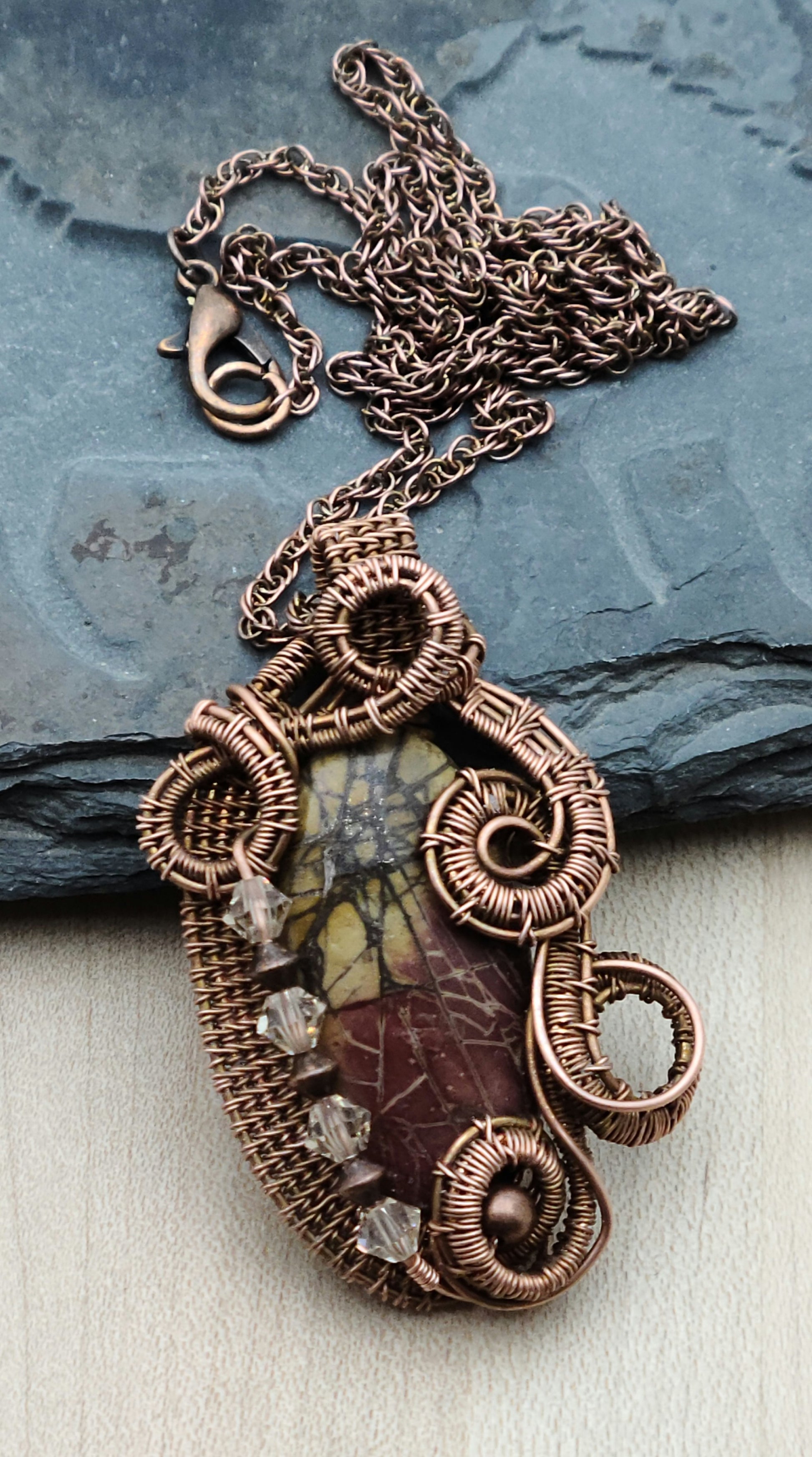 Woven Wire Red Creek Jasper Steampunk Pendant with crystal accent