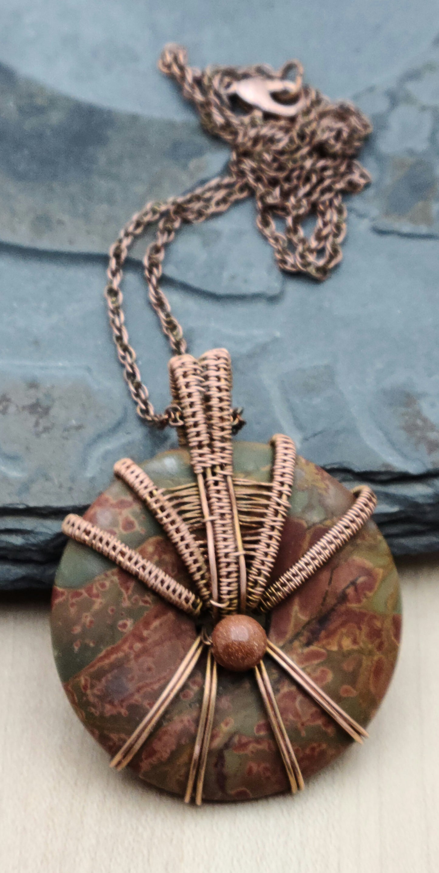 Copper Woven Wire Red Creek Jasper Donut Pendant