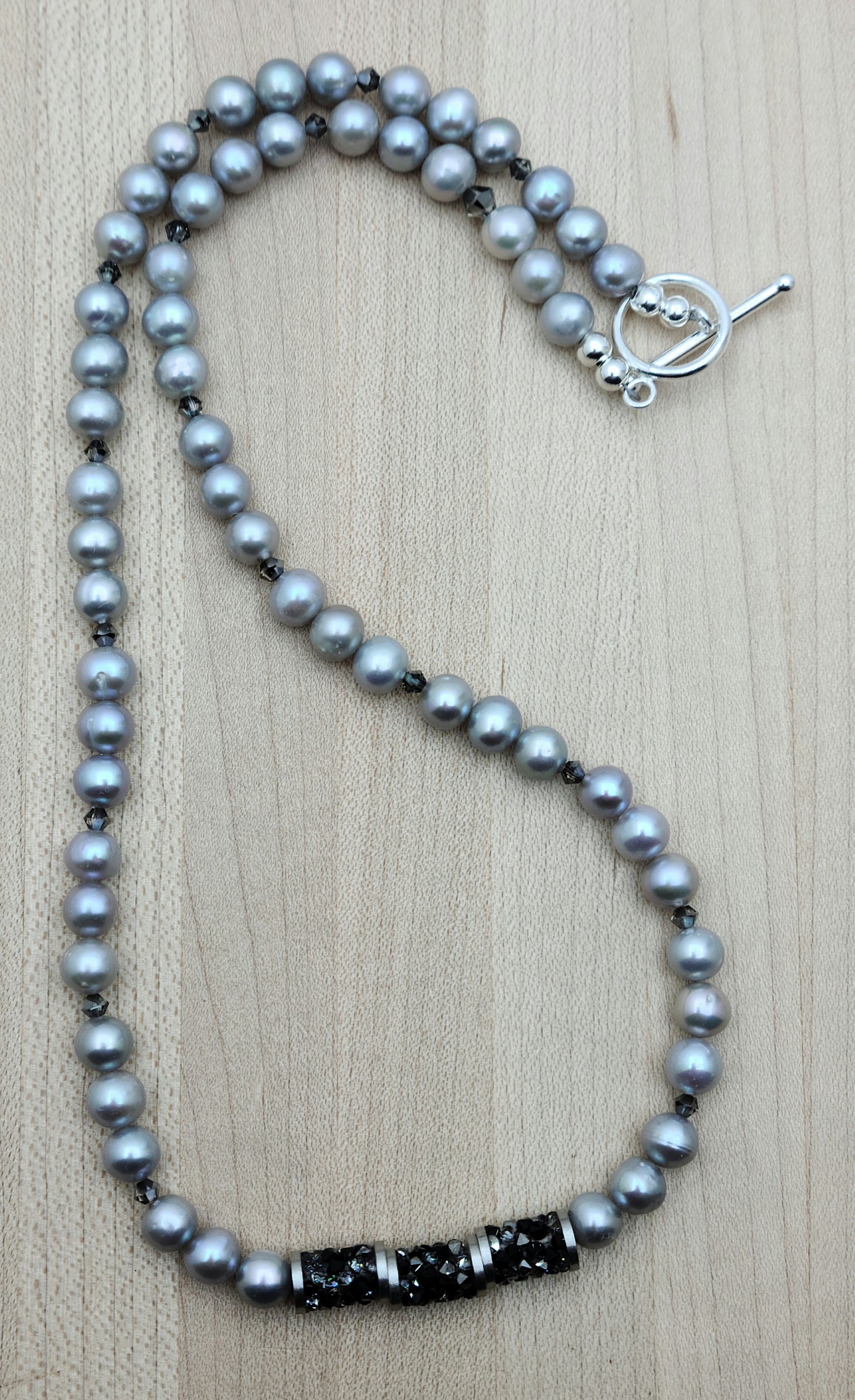 Silver FW Pearl & rock crystal tubes Necklace