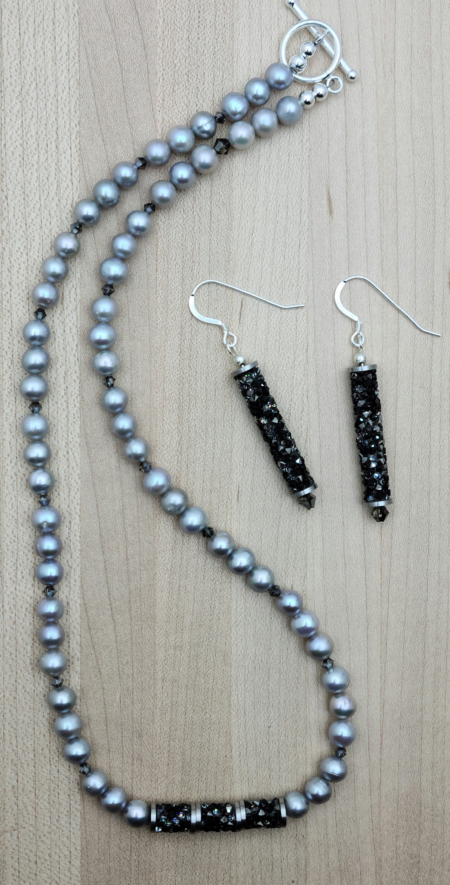 Silver FW Pearl & rock crystal tubes Necklace & long rock crystal earrings with sterling silver fish hook ear wires