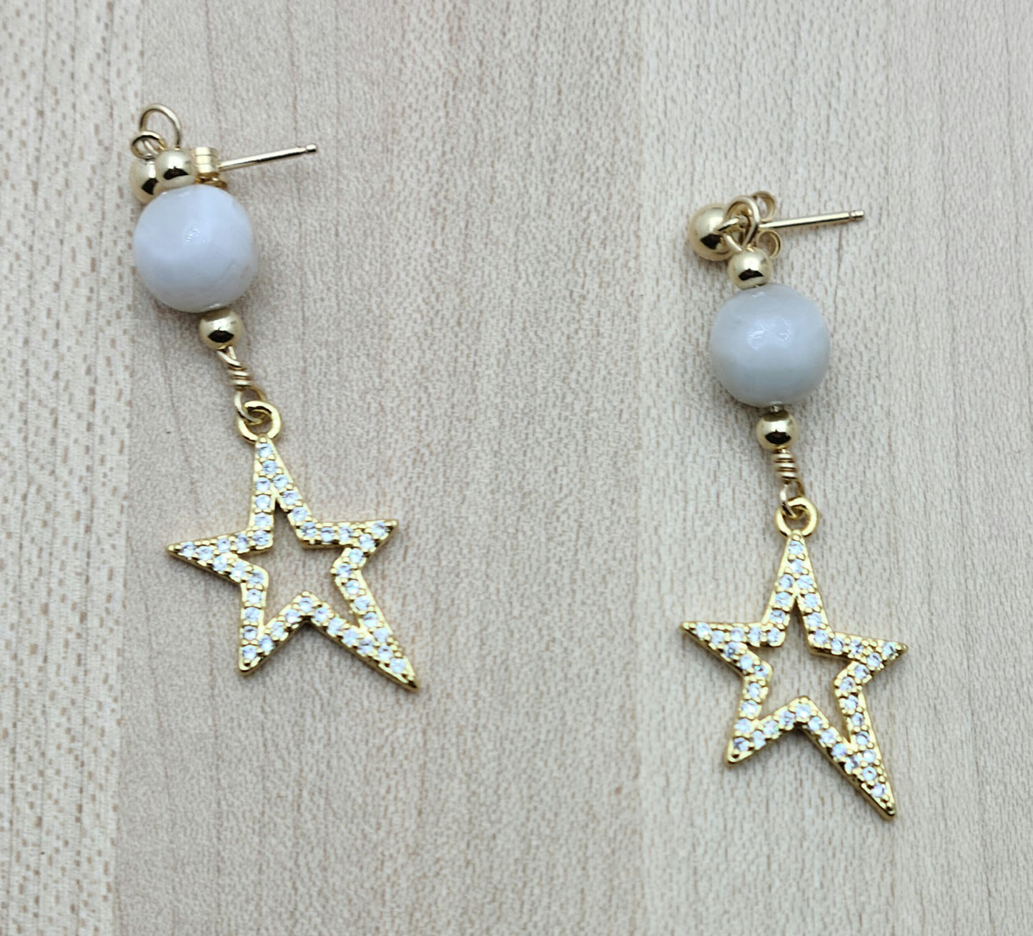 Gold & CZ Stars with White Lace Stone Earrings on gold filled posts