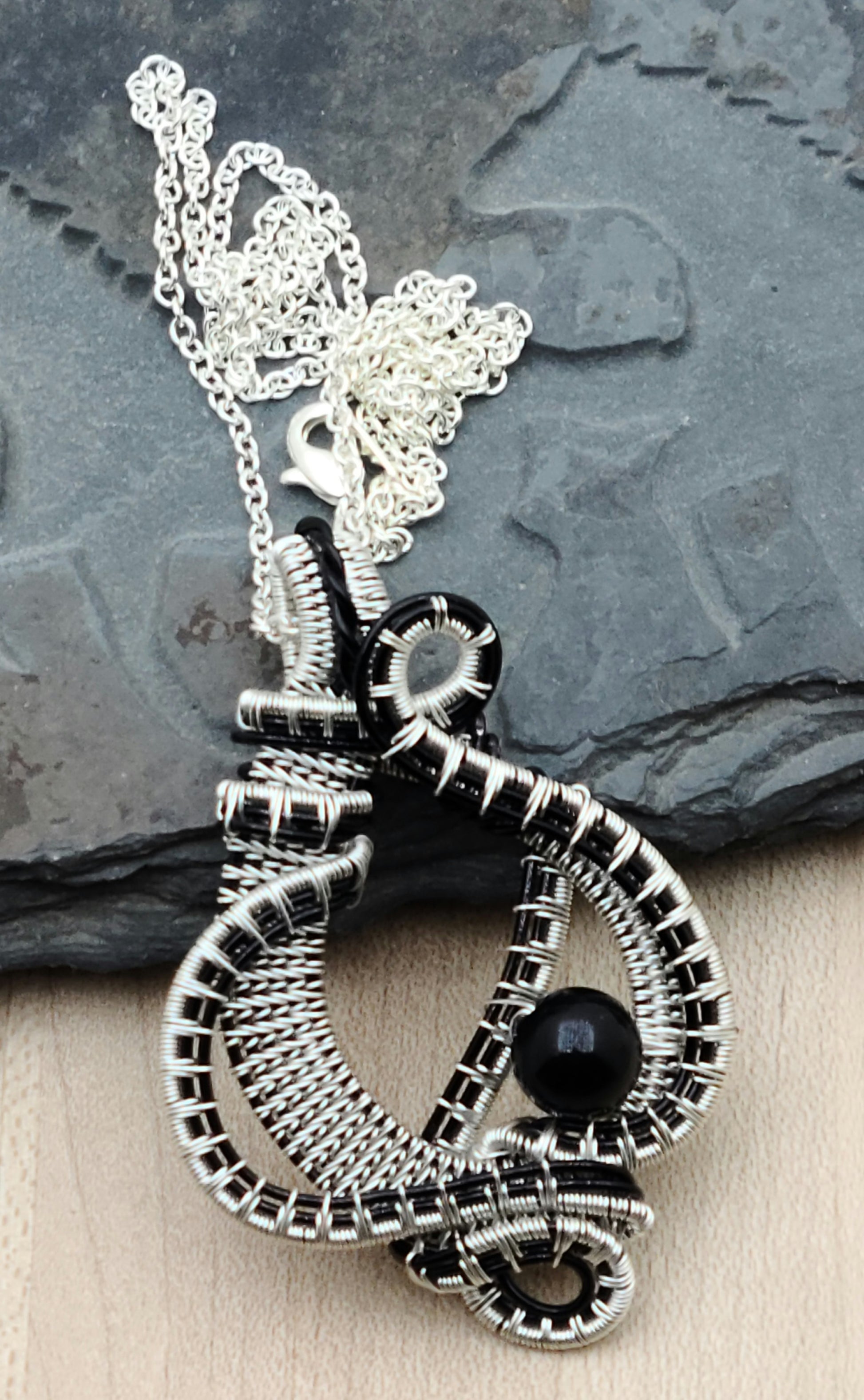Woven Wire Silver & Black Curves Pendant with Obsidian bead focal