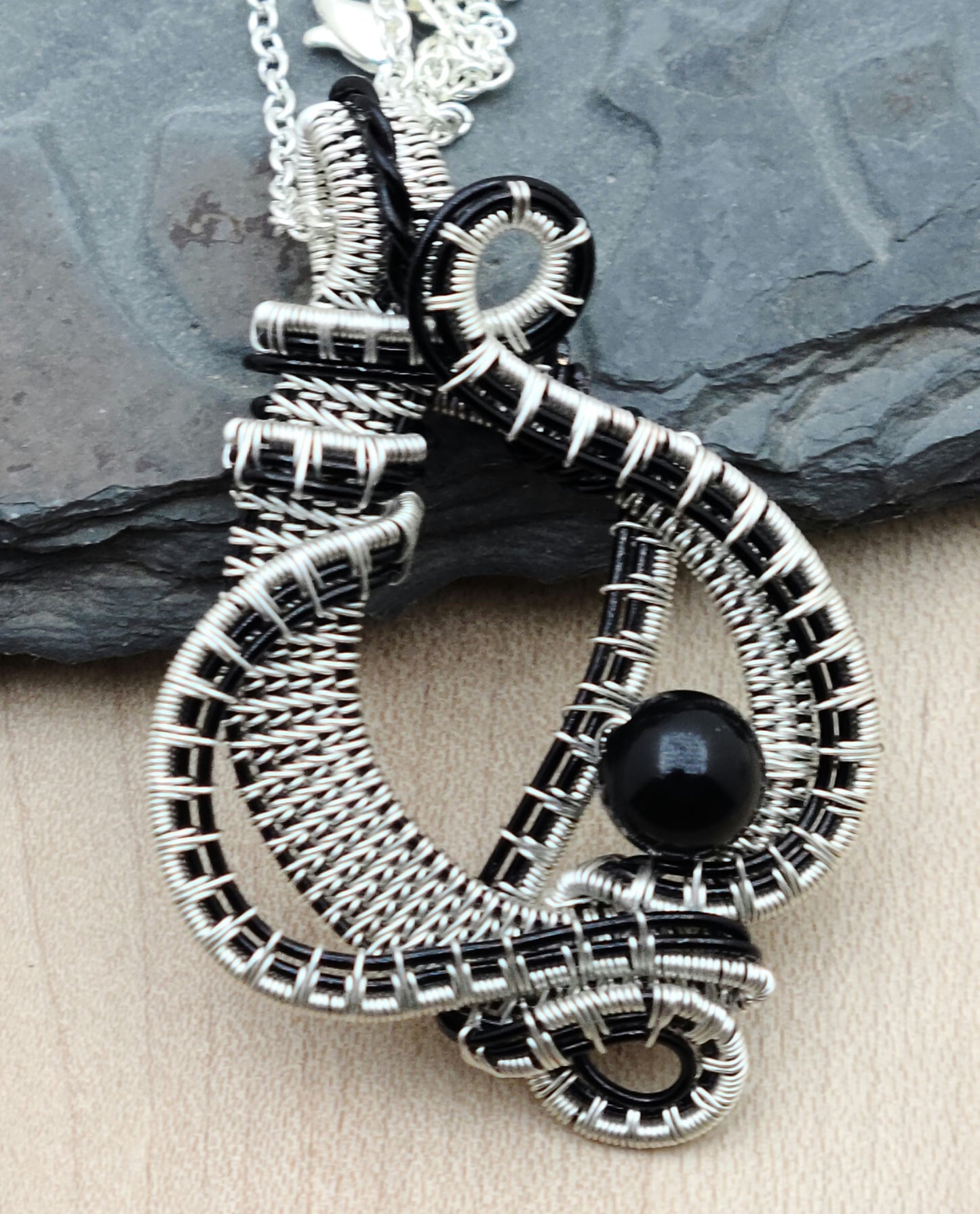 Woven Wire Silver & Black Curves Pendant with Obsidian bead focal