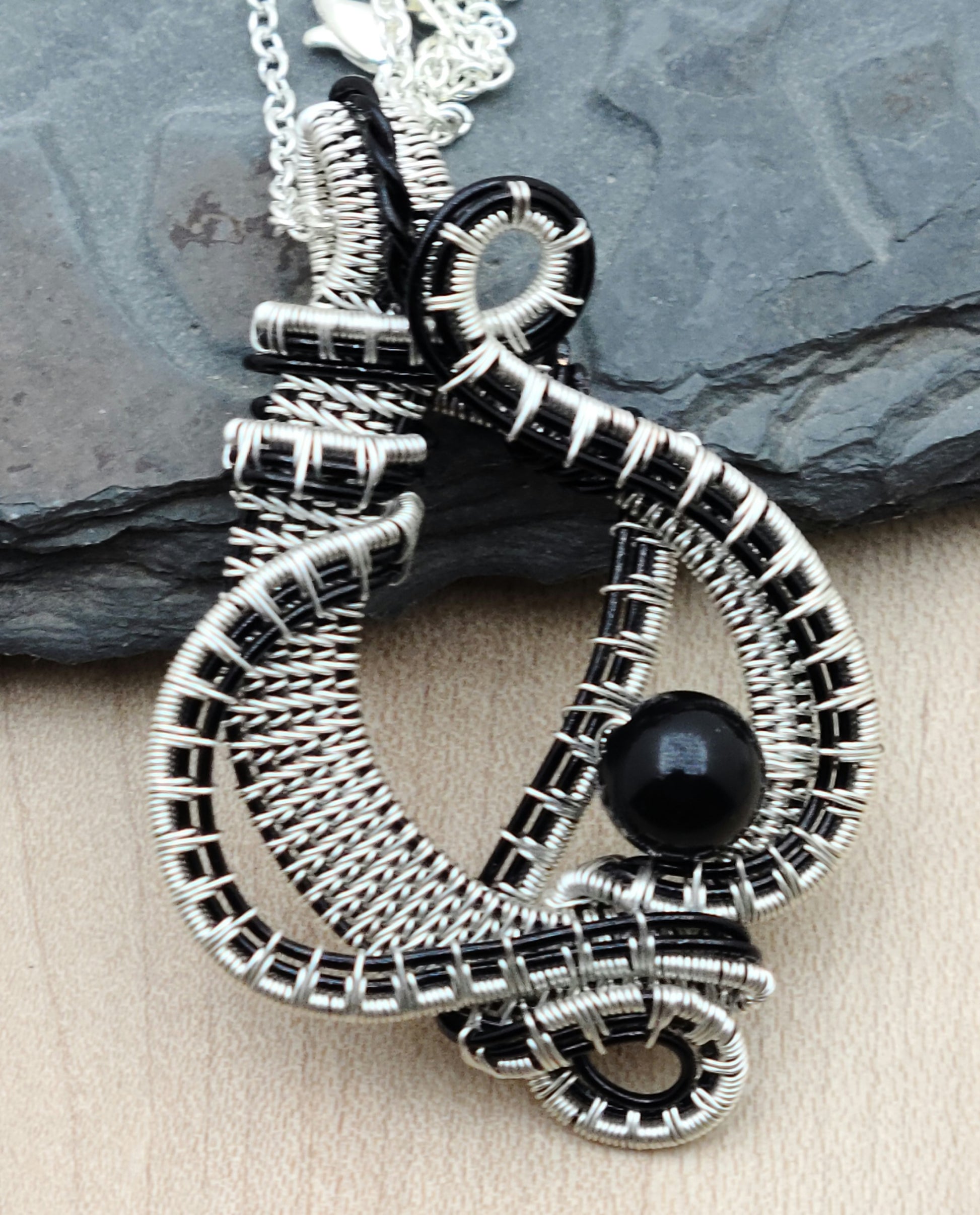 Woven Wire Silver & Black Curves Pendant with Obsidian bead focal