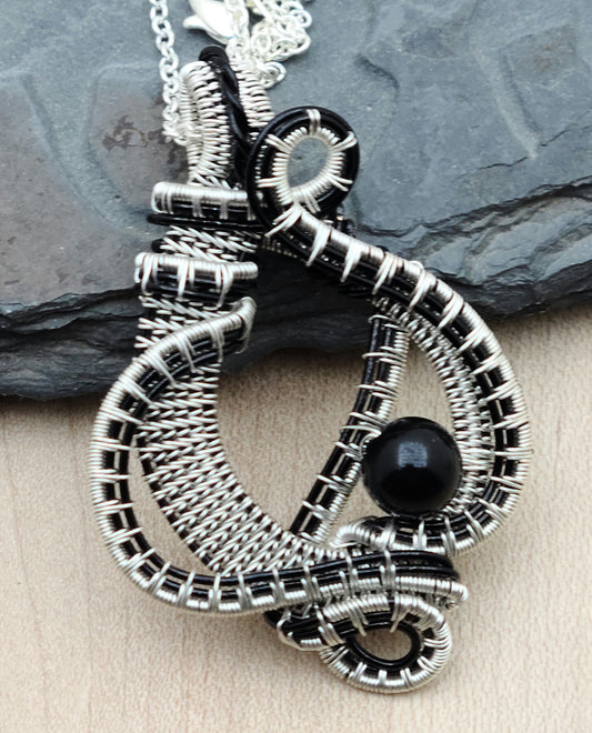 Woven Wire Silver & Black Curves Pendant with Obsidian bead focal