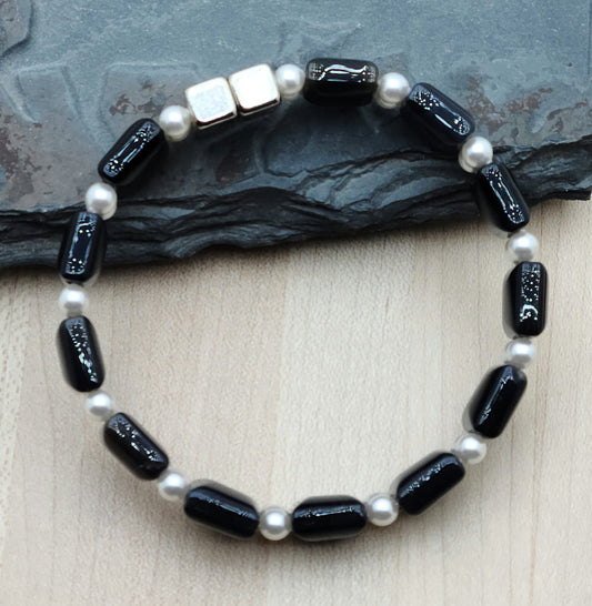 Onyx & White crystal pearl Double Row Bracelet with awesome neodymium magnetic closure
