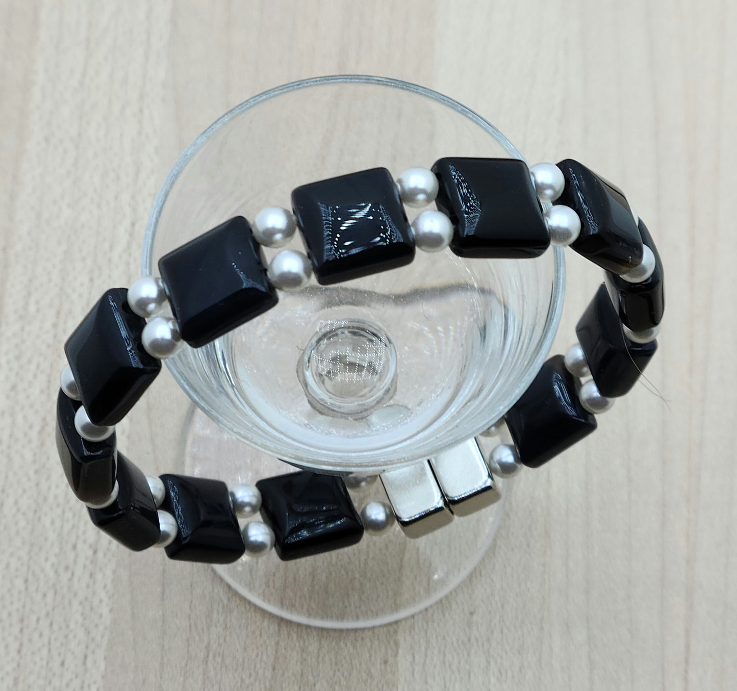 Onyx & White Crystal Pearl Double Row Bracelet with awesome neodymium magnetic closure