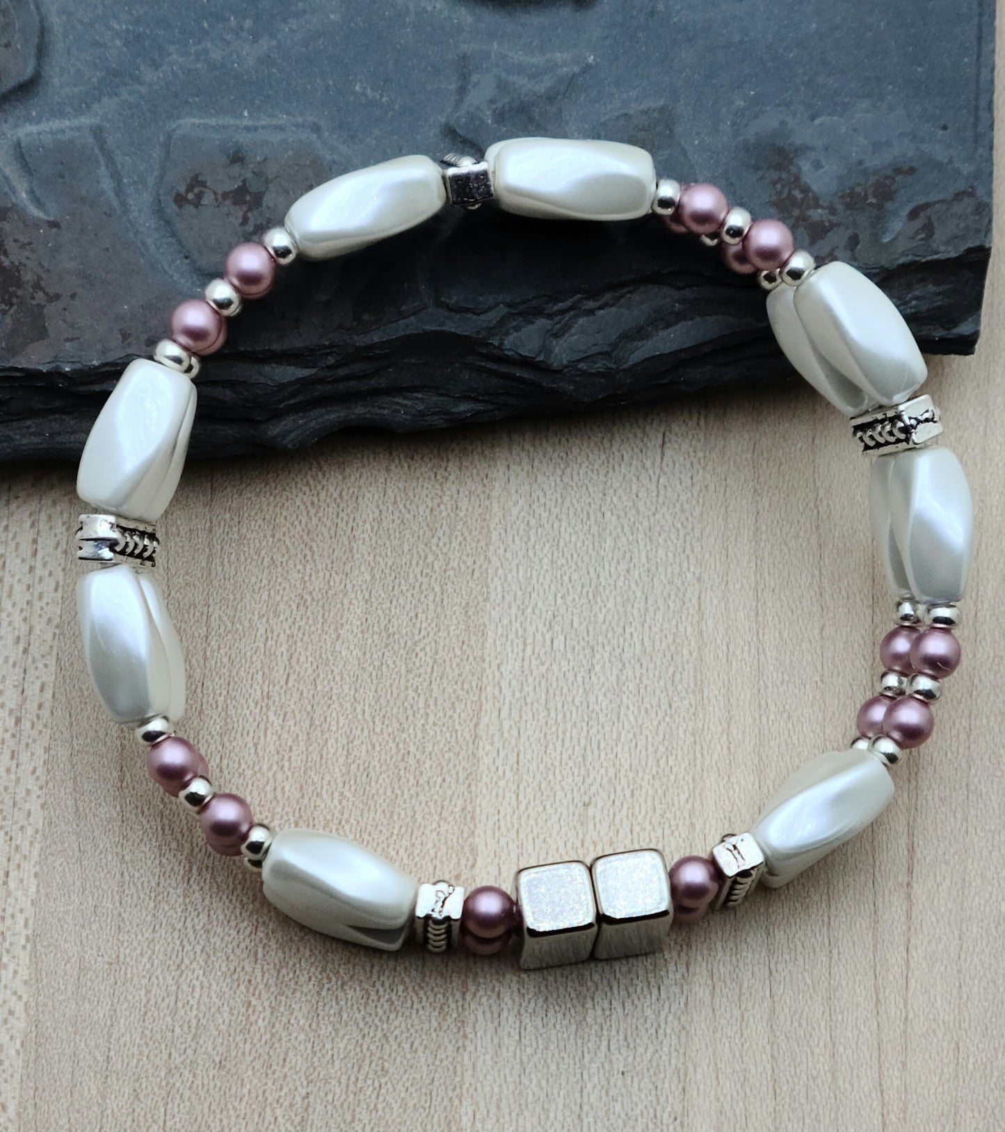 Rose & Pearl White Double Magnetic Bracelet with wonderful neodymium magnetic clasp