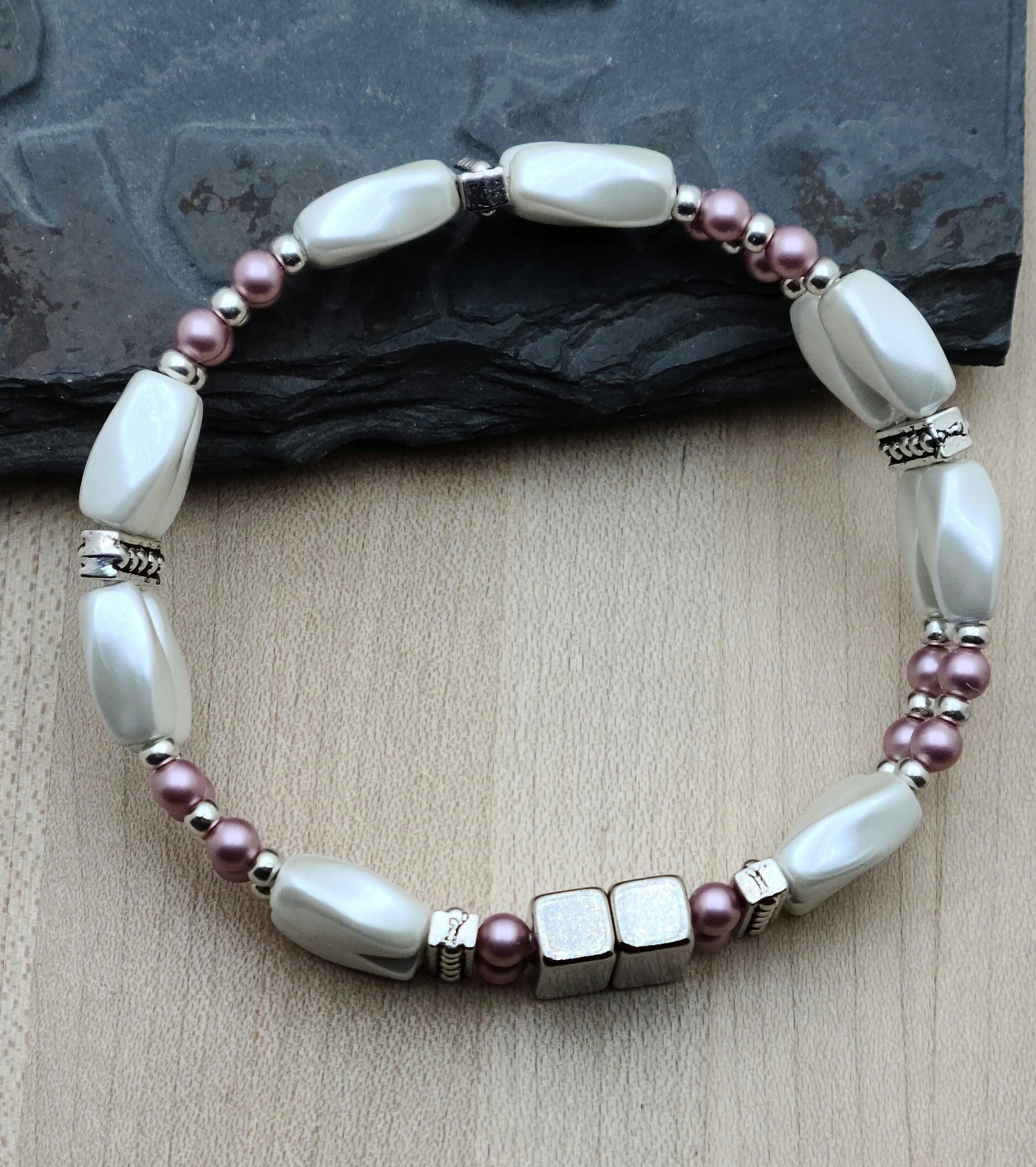 Rose & Pearl White Double Magnetic Bracelet with wonderful neodymium magnetic clasp