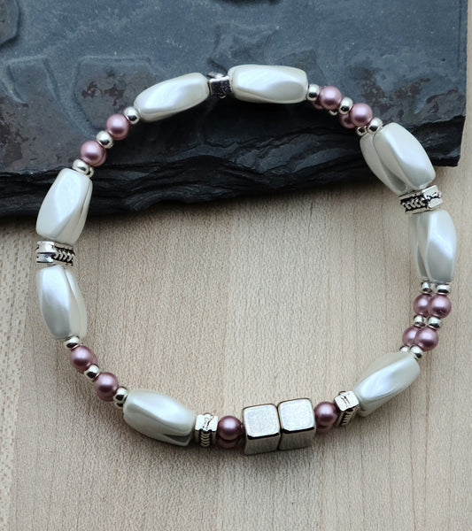 Rose & Pearl White Double Magnetic Bracelet with wonderful neodymium magnetic clasp