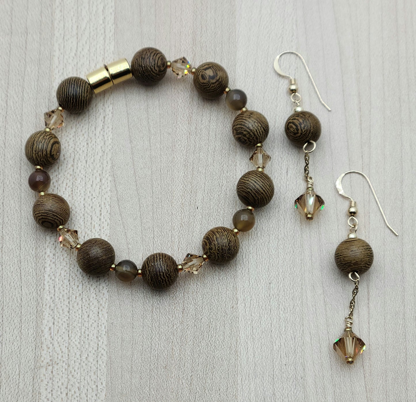 Wenge Wood, Botswana, &  Crystal Bracelet & Earrings