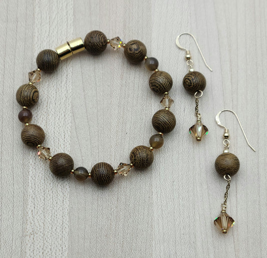 Wenge Wood, Botswana, &  Crystal Bracelet & Earrings