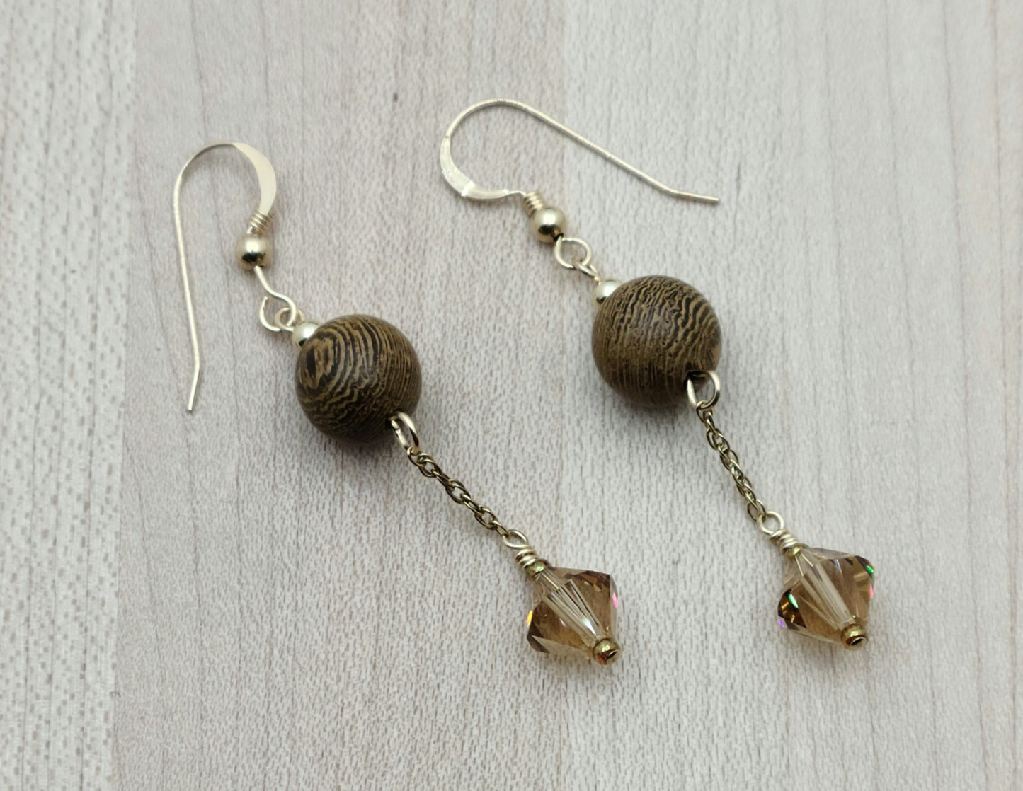 Wenge Wood &  Crystal Earrings on gold filled fish hook ear wires