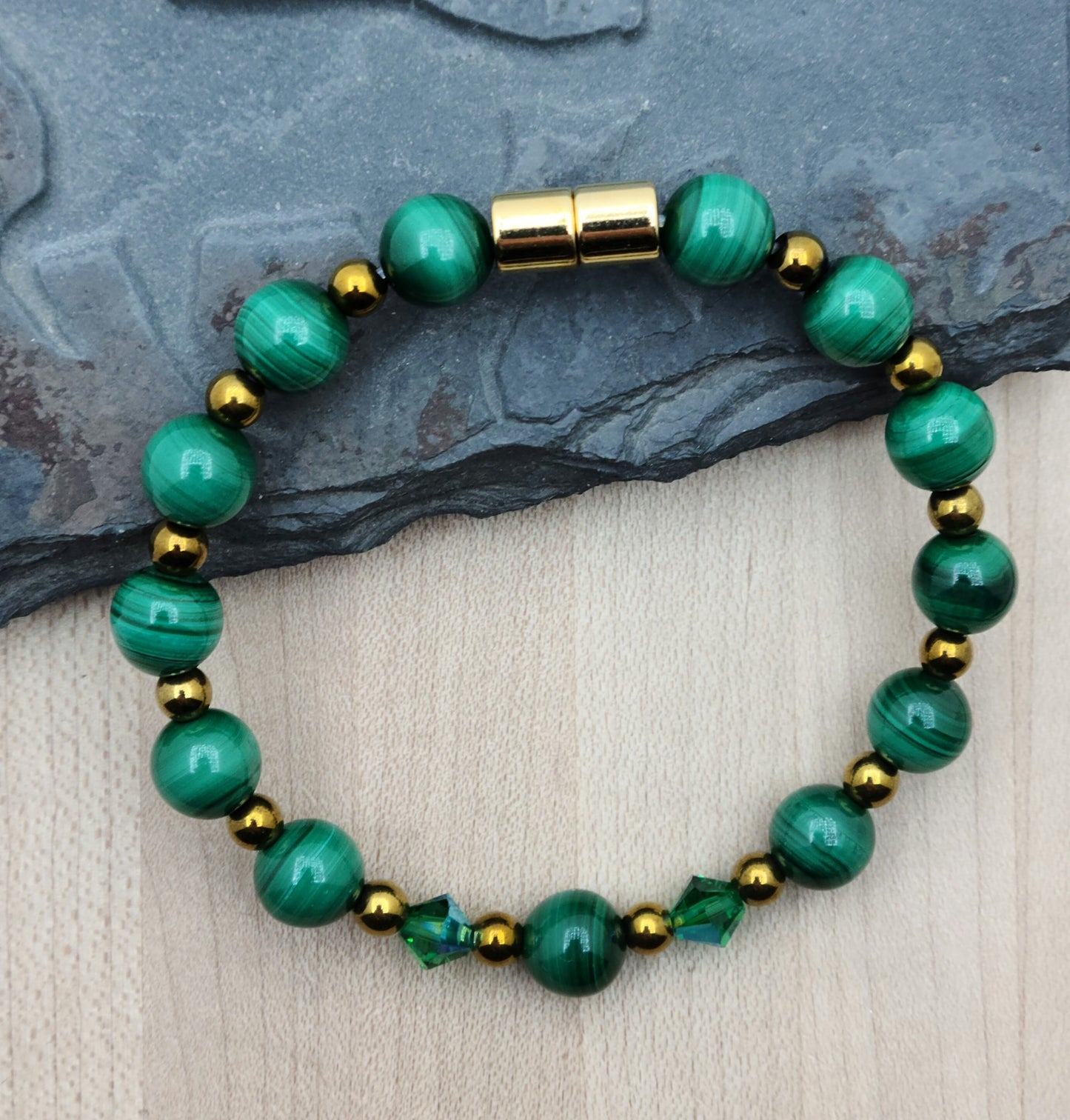 Malachite, gold magnetic hematite, & emerald crystals Magnetic Bracelet with a wonderful gold neodymium magnetic clasp