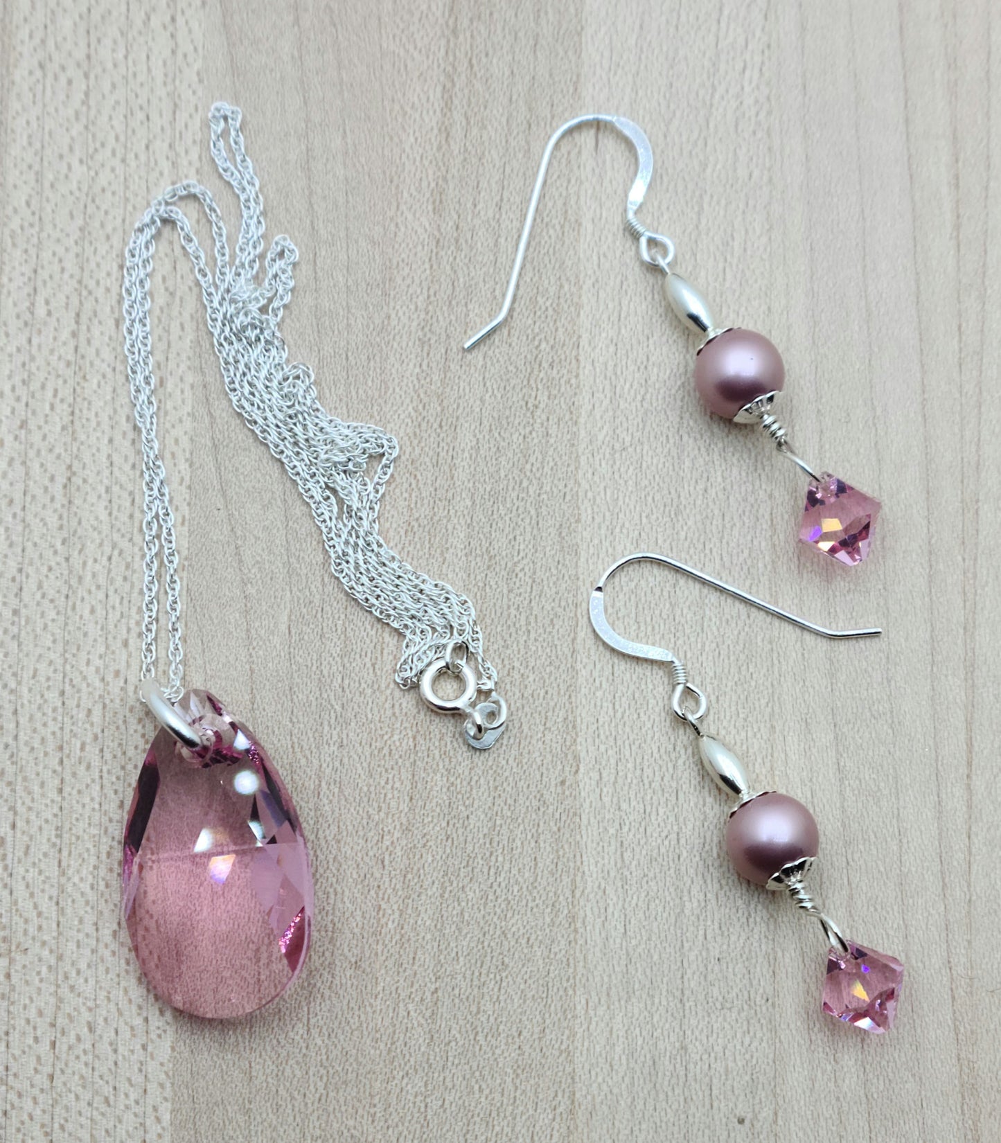 Faceted Large Rose Pink Crystal Pendant on sterling silver chain &  matching Earrings on sterling silver fish hook ear wires