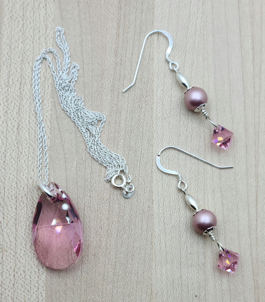 Faceted Large Rose Pink Crystal Pendant on sterling silver chain &  matching Earrings on sterling silver fish hook ear wires