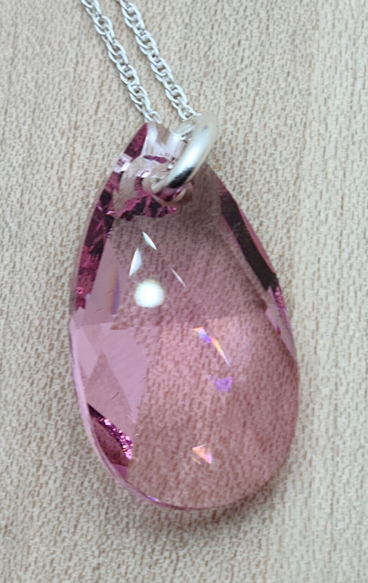Faceted Large Rose Pink Crystal Pendant on sterling silver chain