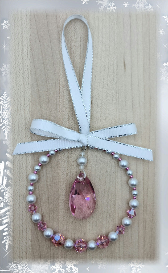 Rose Pink Crystal & Moonlight white Crystal Pearl Wreath Ornament