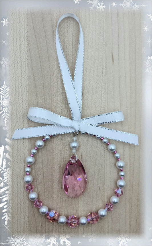 Rose Pink Crystal & Moonlight white Crystal Pearl Wreath Ornament