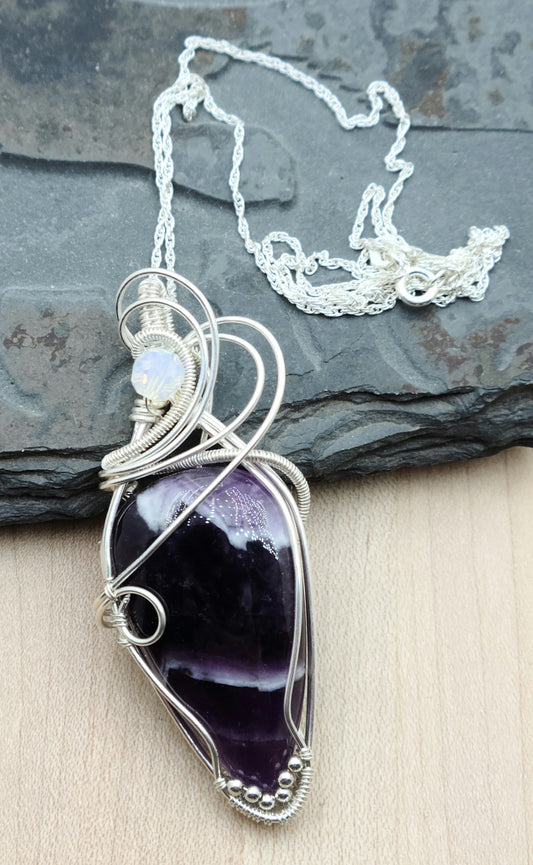 silver filled Woven Wire Chevron Amethyst Pendant on a sterling silver chain