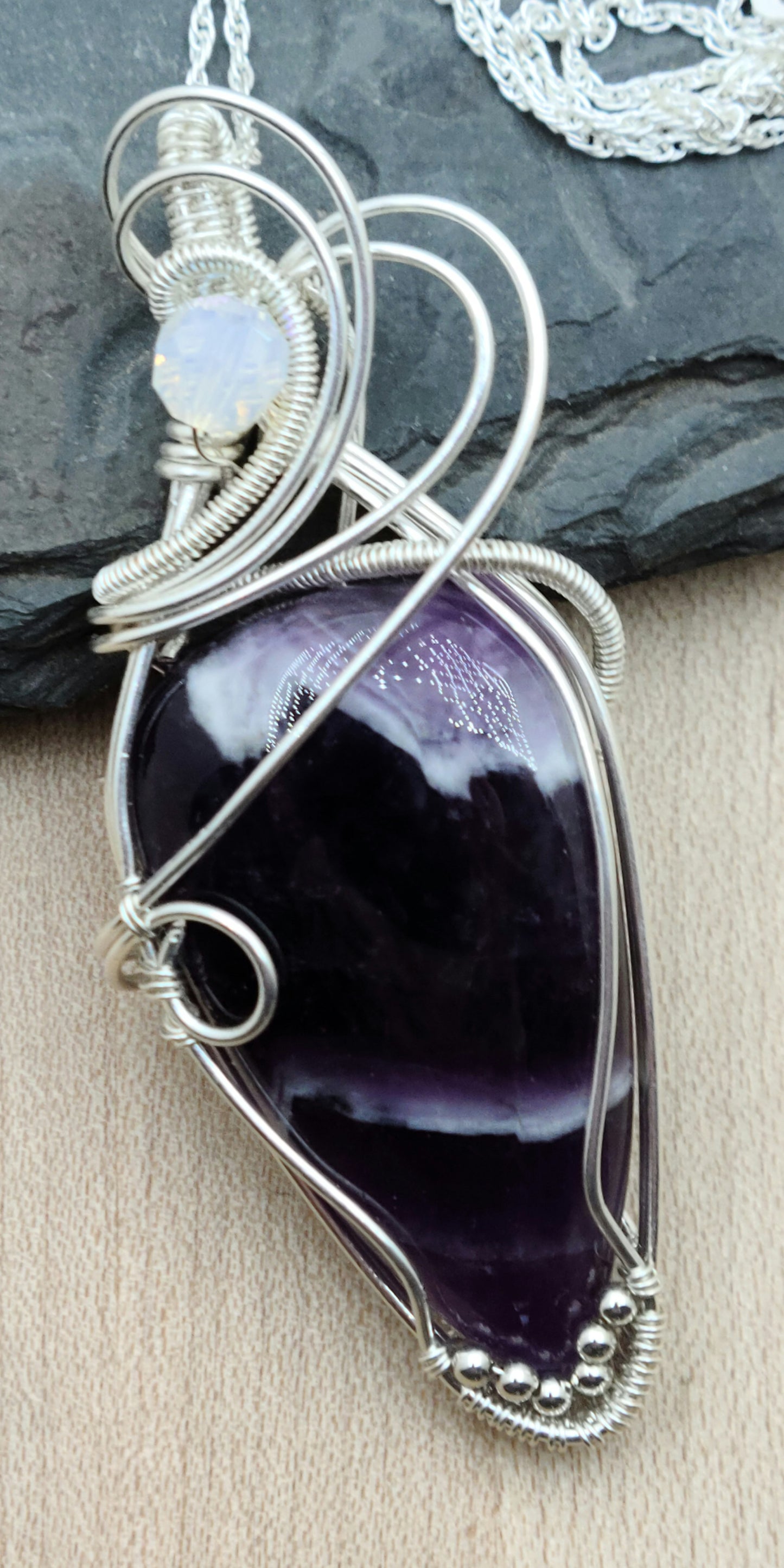 silver filled Woven Wire Chevron Amethyst Pendant on a sterling silver chain