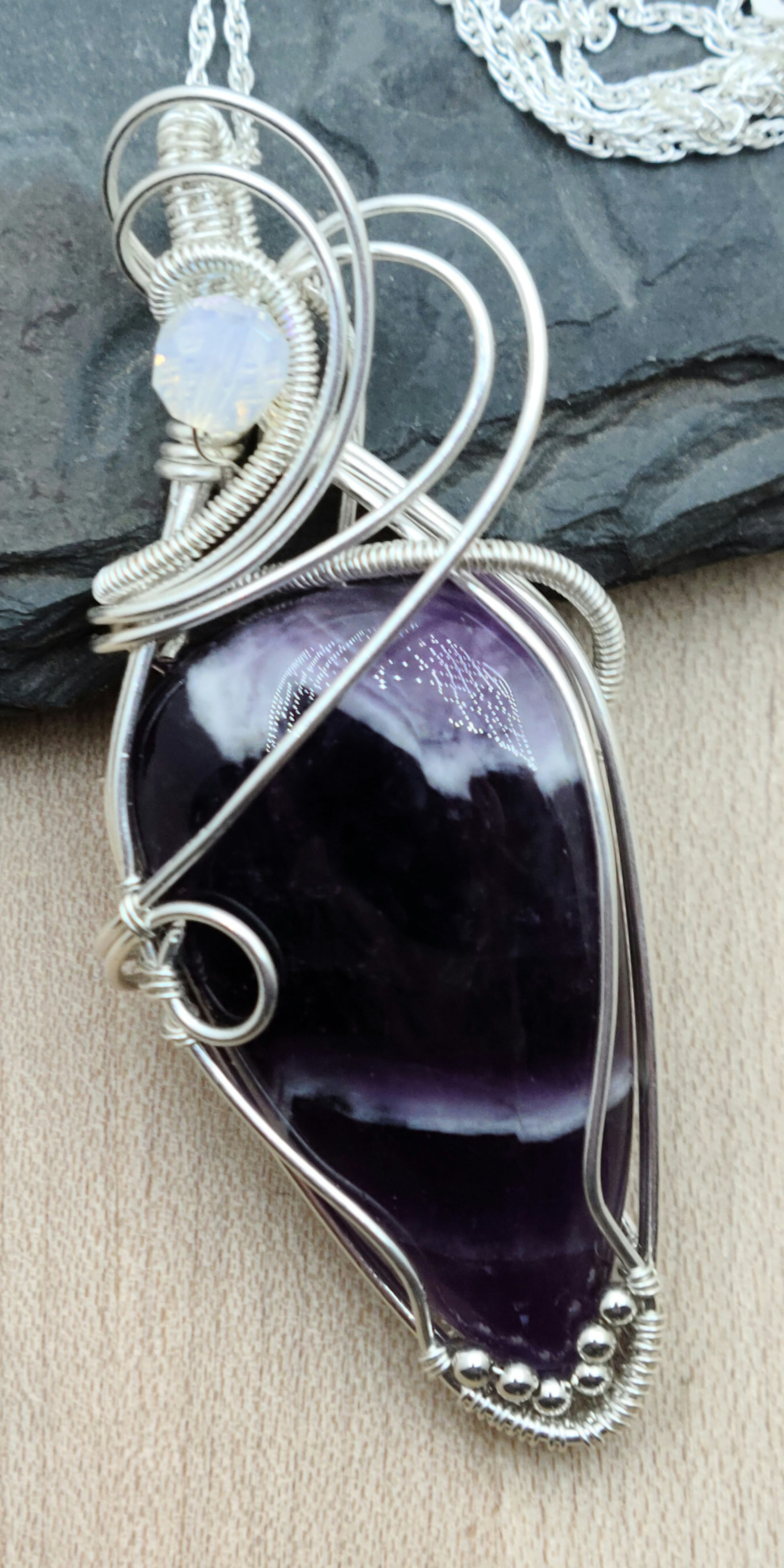 silver filled Woven Wire Chevron Amethyst Pendant on a sterling silver chain