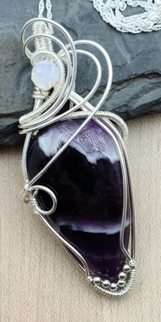 silver filled Woven Wire Chevron Amethyst Pendant on a sterling silver chain