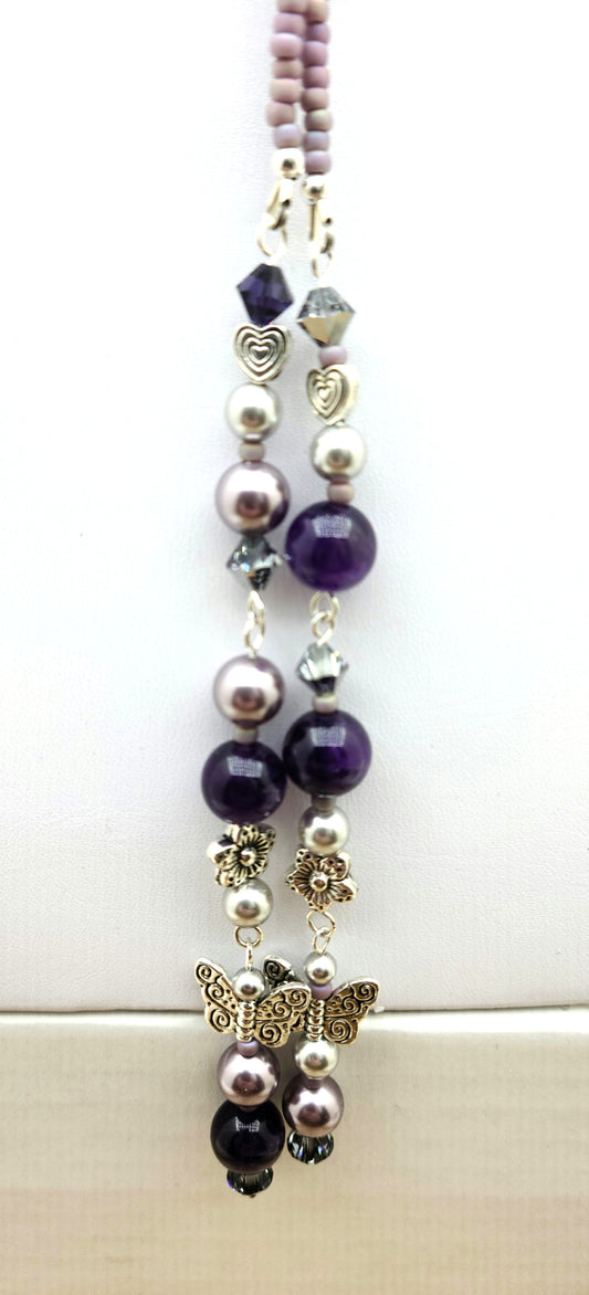 Be your own stylist! Lariat necklaces are such fun! This one features amethyst quartz, pewter butterflies, flowers, & hearts; crystals & crystal pearls; & Miyuki (the best brand) seed beads. There is a lot here to create interest!