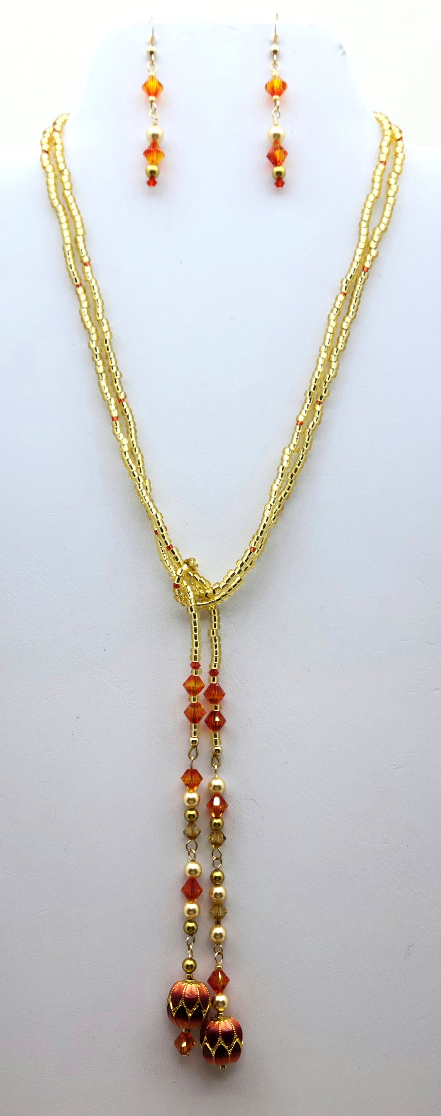 Cloisonne  Hot Air Balloons Lariat Necklace & Earrings in fire opal & gold