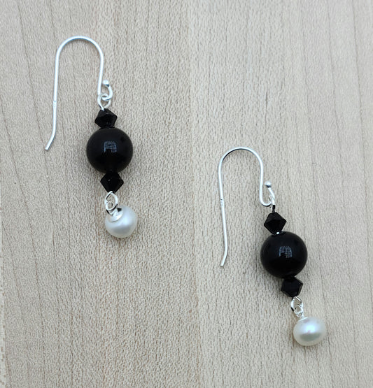 Black Obsidian & FW Pearl Earrings on sterling silver fish hook ear wires