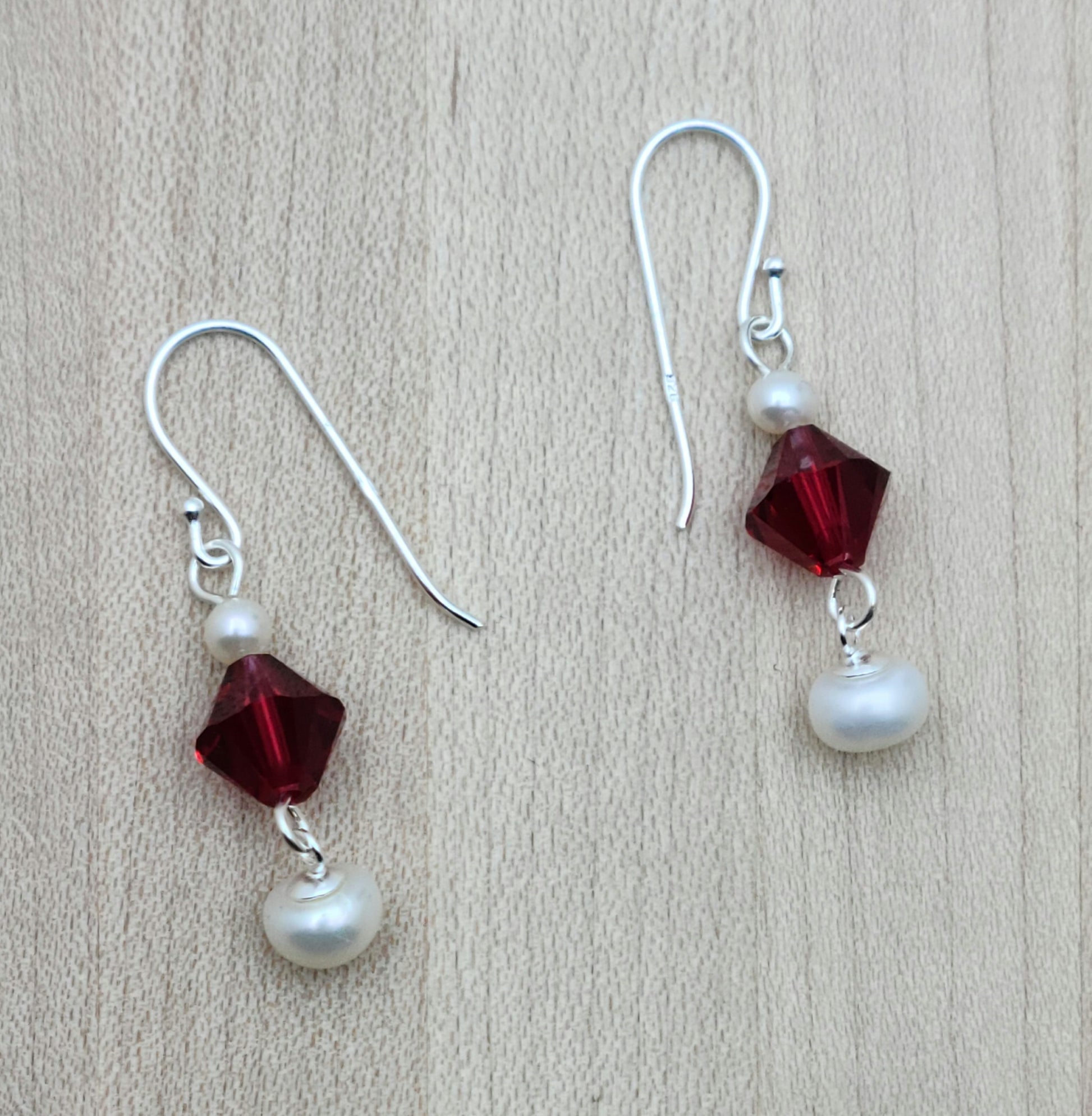 large Scarlet crystals & FW Pearl dangles for dainty Earrings with sterling silver fish hook ear wires