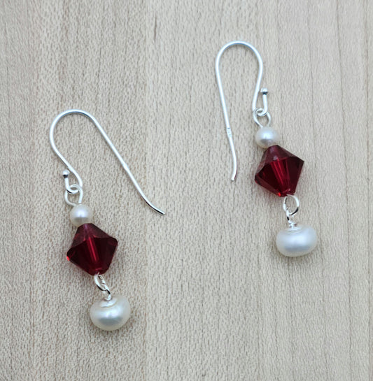 large Scarlet crystals & FW Pearl dangles for dainty Earrings with sterling silver fish hook ear wires